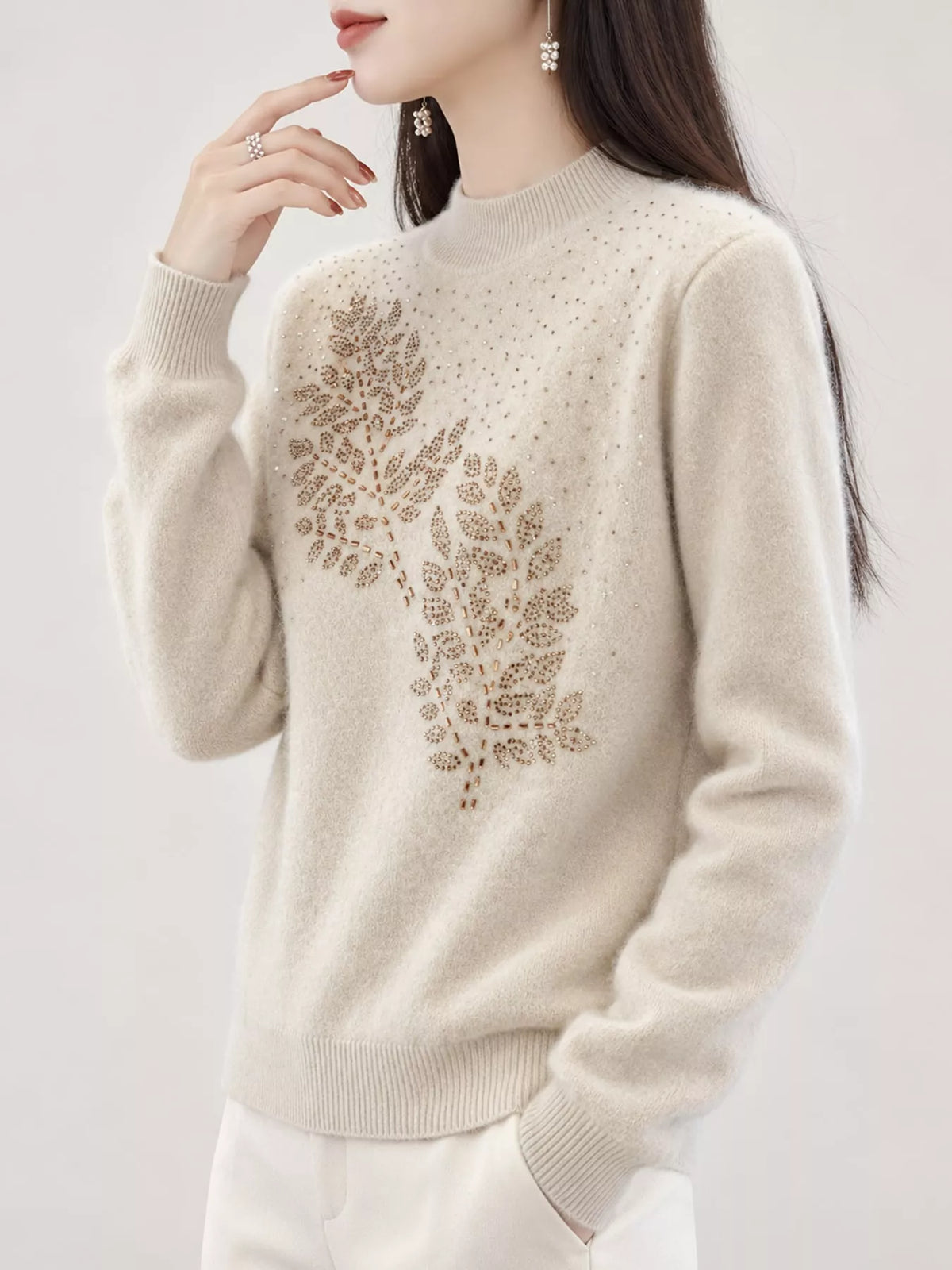 Rhinestone Leaf Mock Neck Sweater — front view