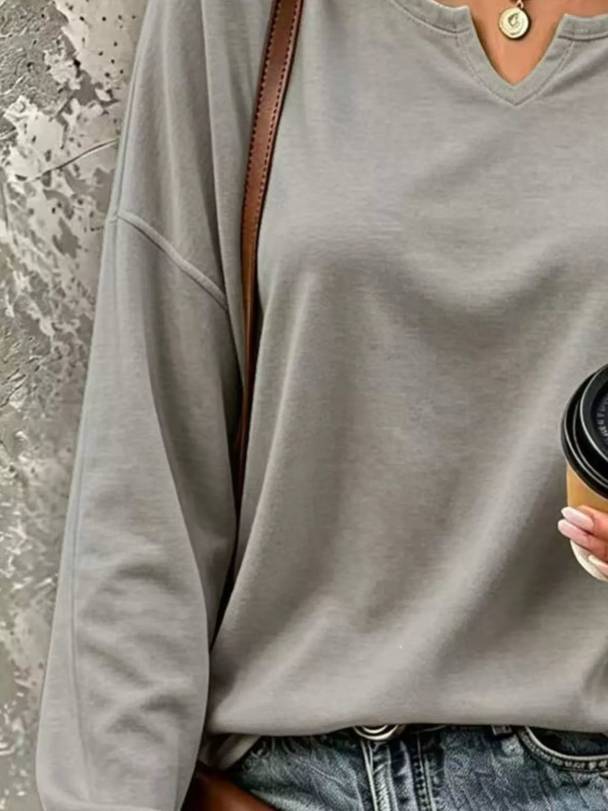 Gray Loose-Fit Notch Neck Long Sleeve T-Shirt sleeve and fabric detail