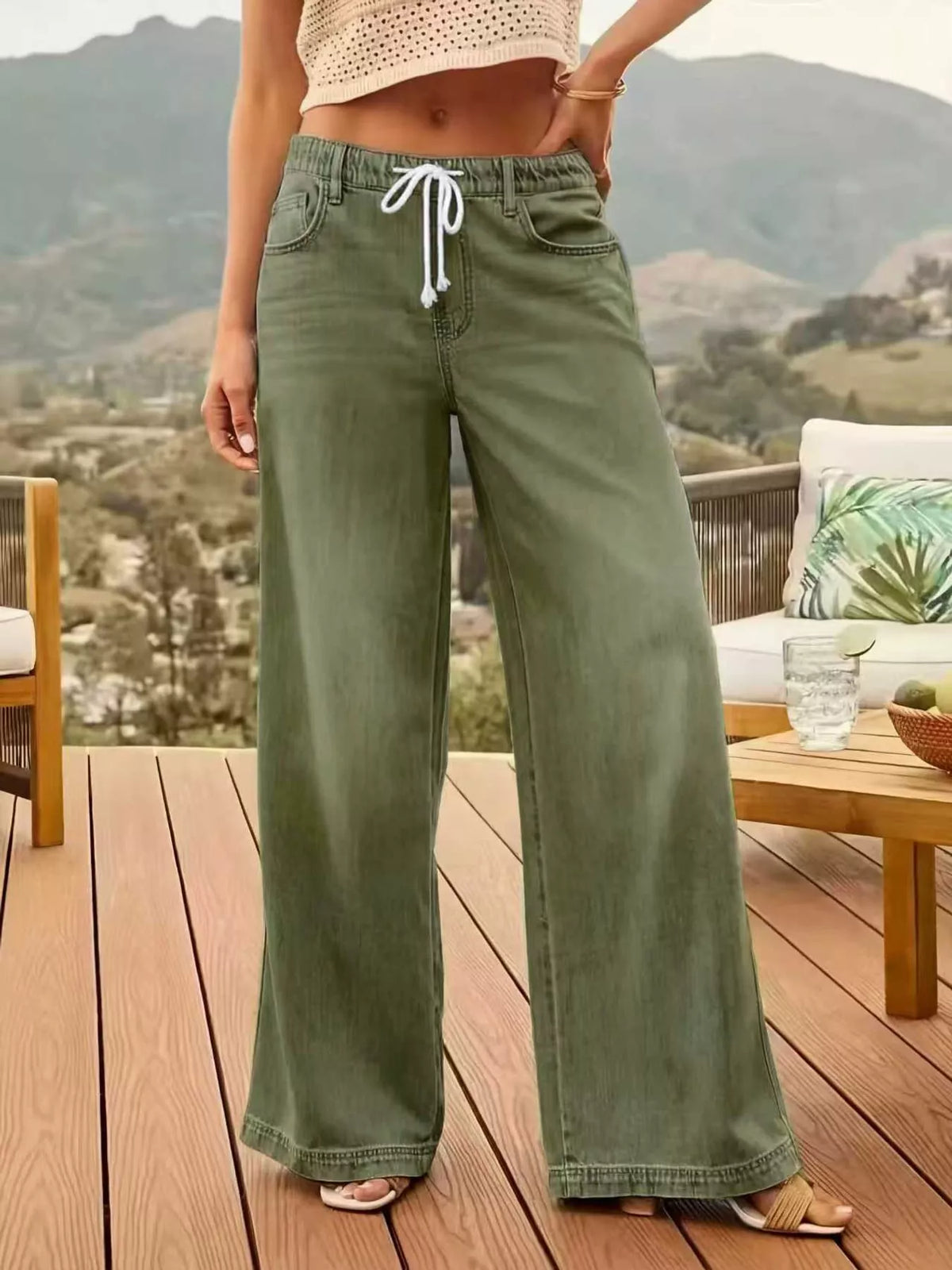Army green wide-leg jeans