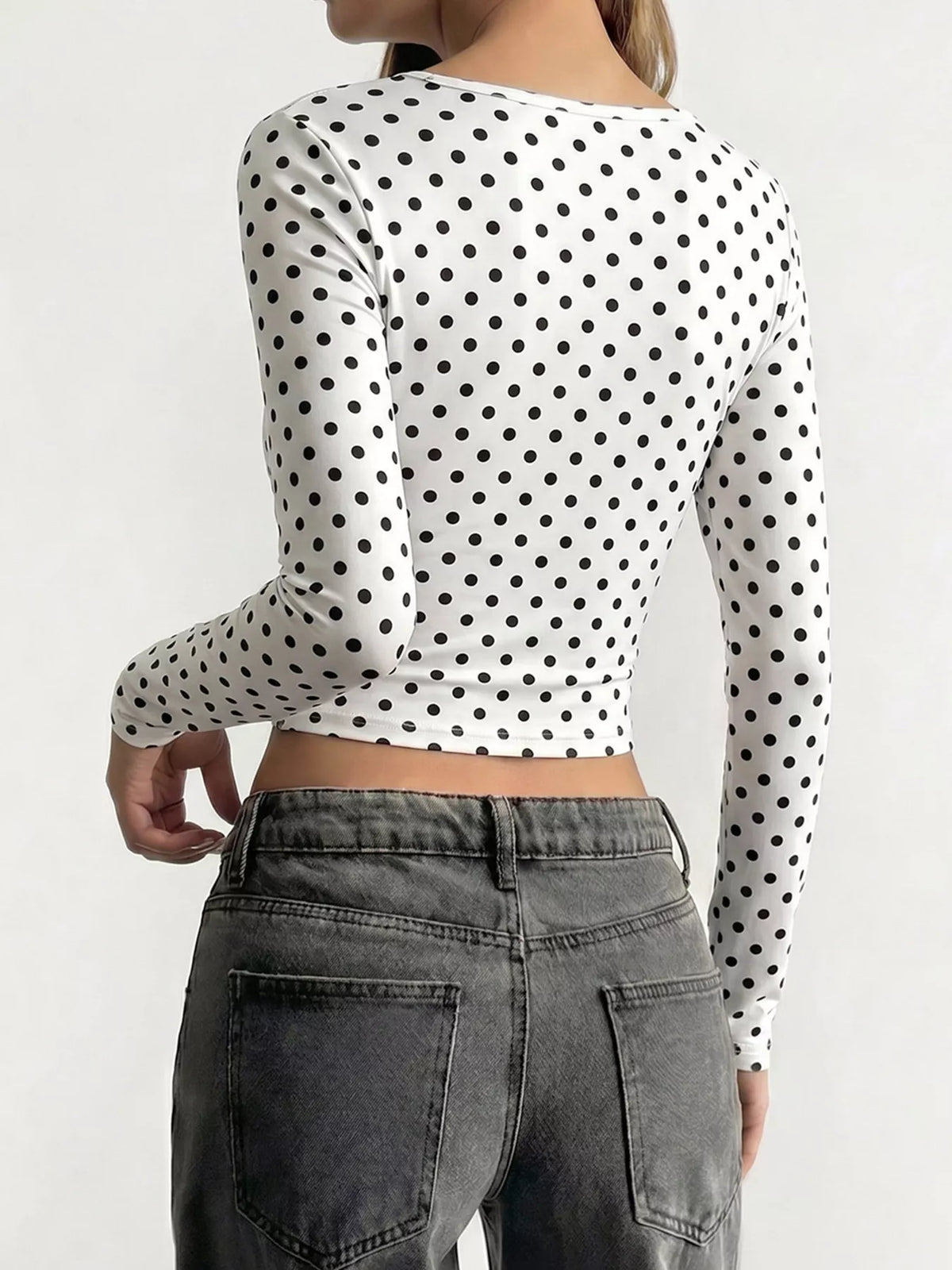 Trendsi Polka Dot Long Sleeve Cropped T-Shirt -