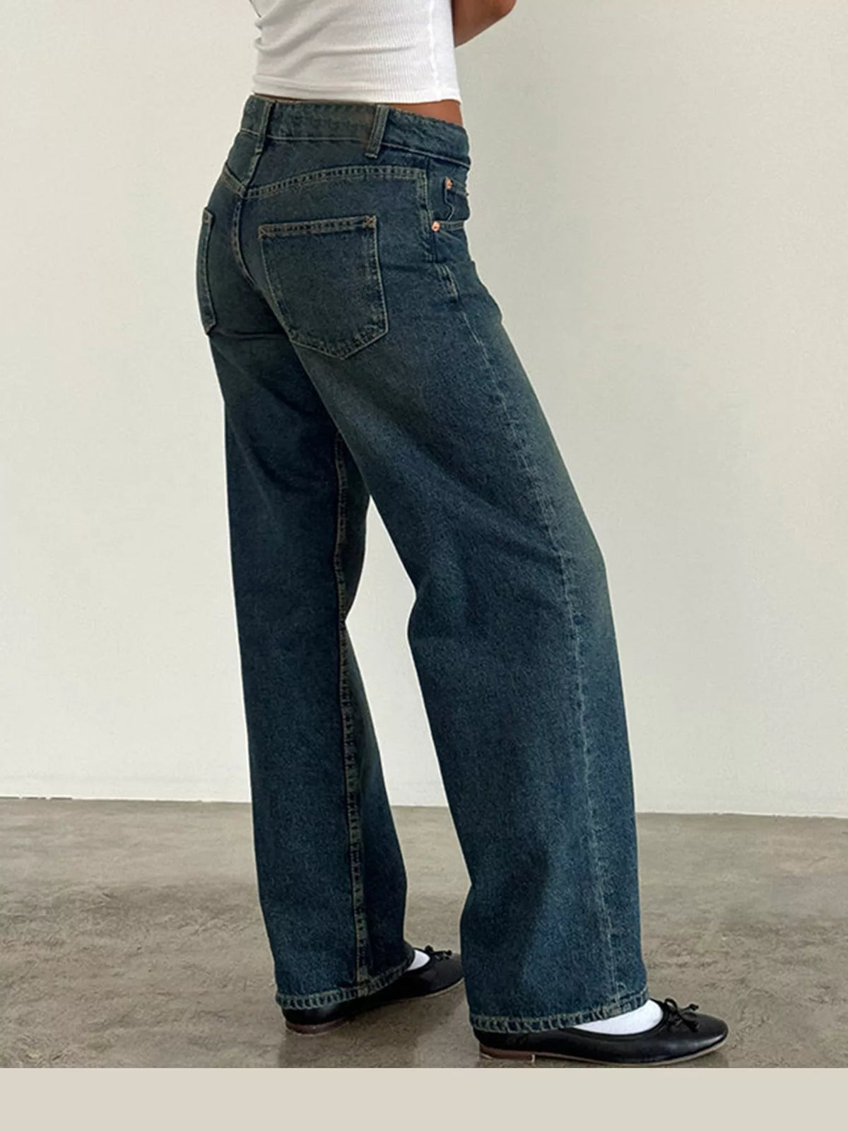 Vintage Wash Low-Rise Wide-Leg Jeans — back view