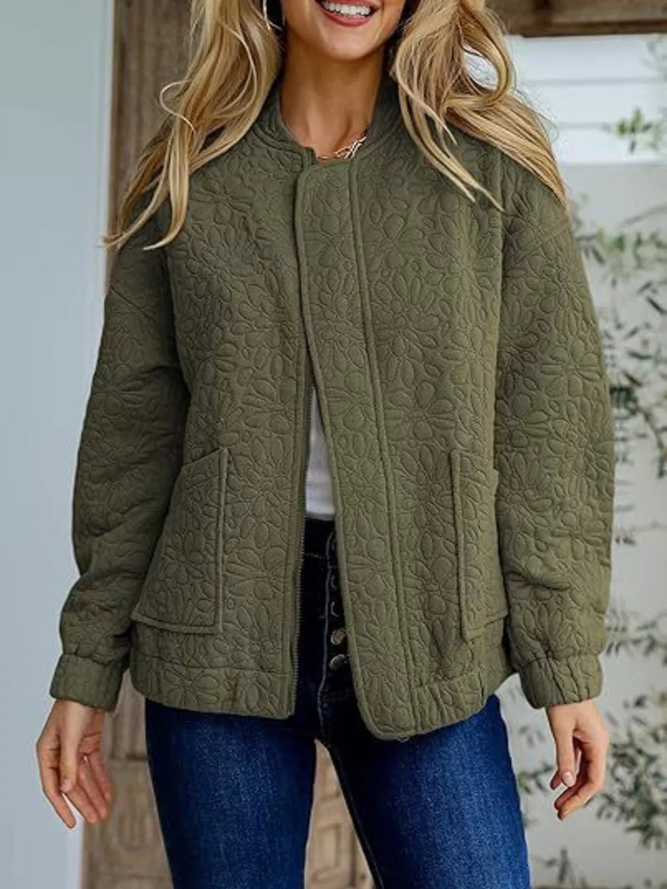 Trendsi Floral Quilted Zip Up Jacket -
