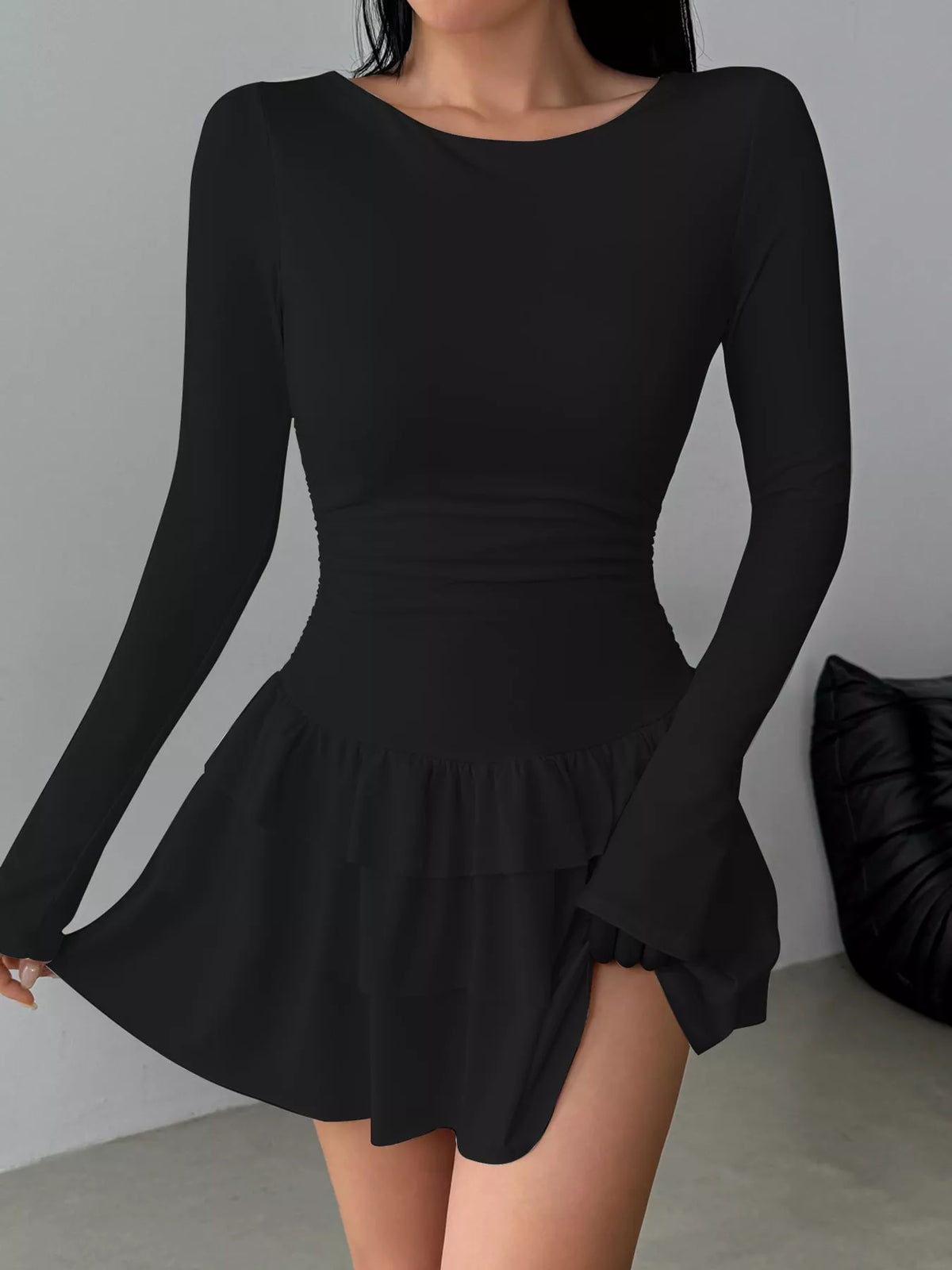 Black layered ruffle mini dress