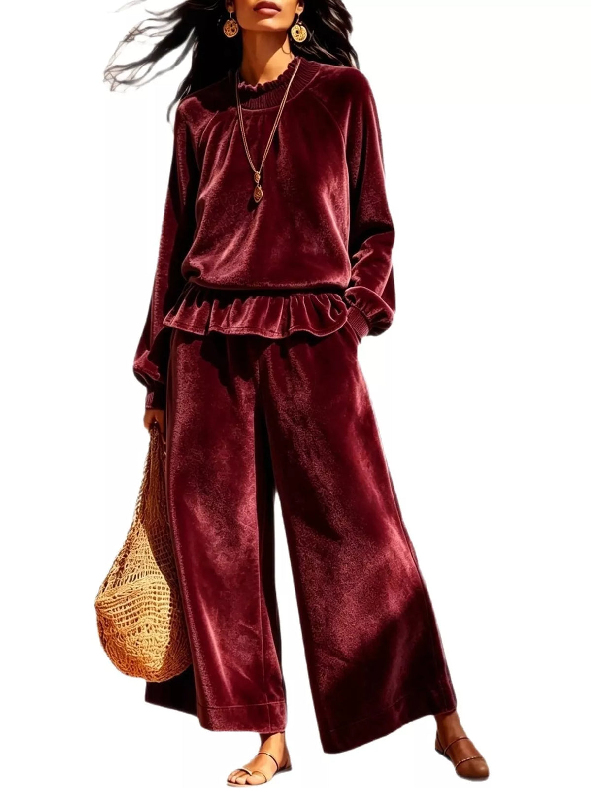 Red velvet ruffled hem top and wide-leg pants set — front view