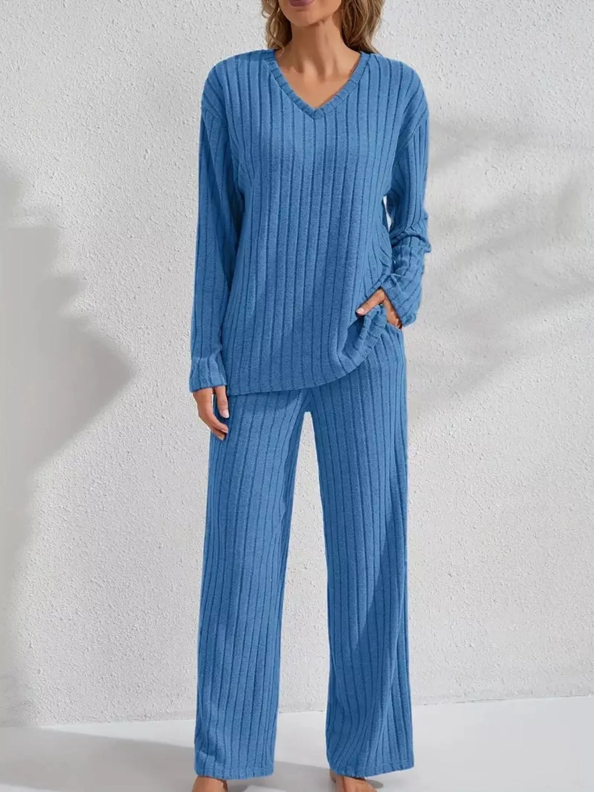 Ribbed Knit V-Neck Top and Pants Lounge Set in blue