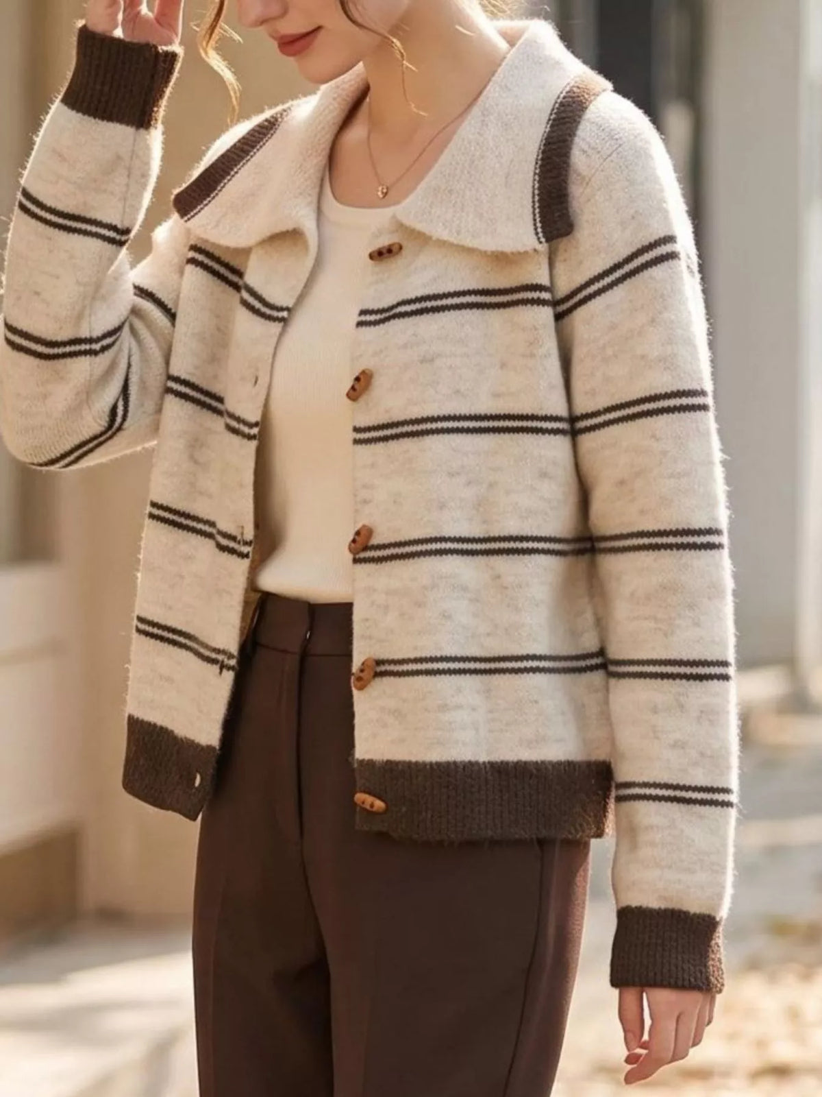 Apricot Striped Button-Down Knit Cardigan front view