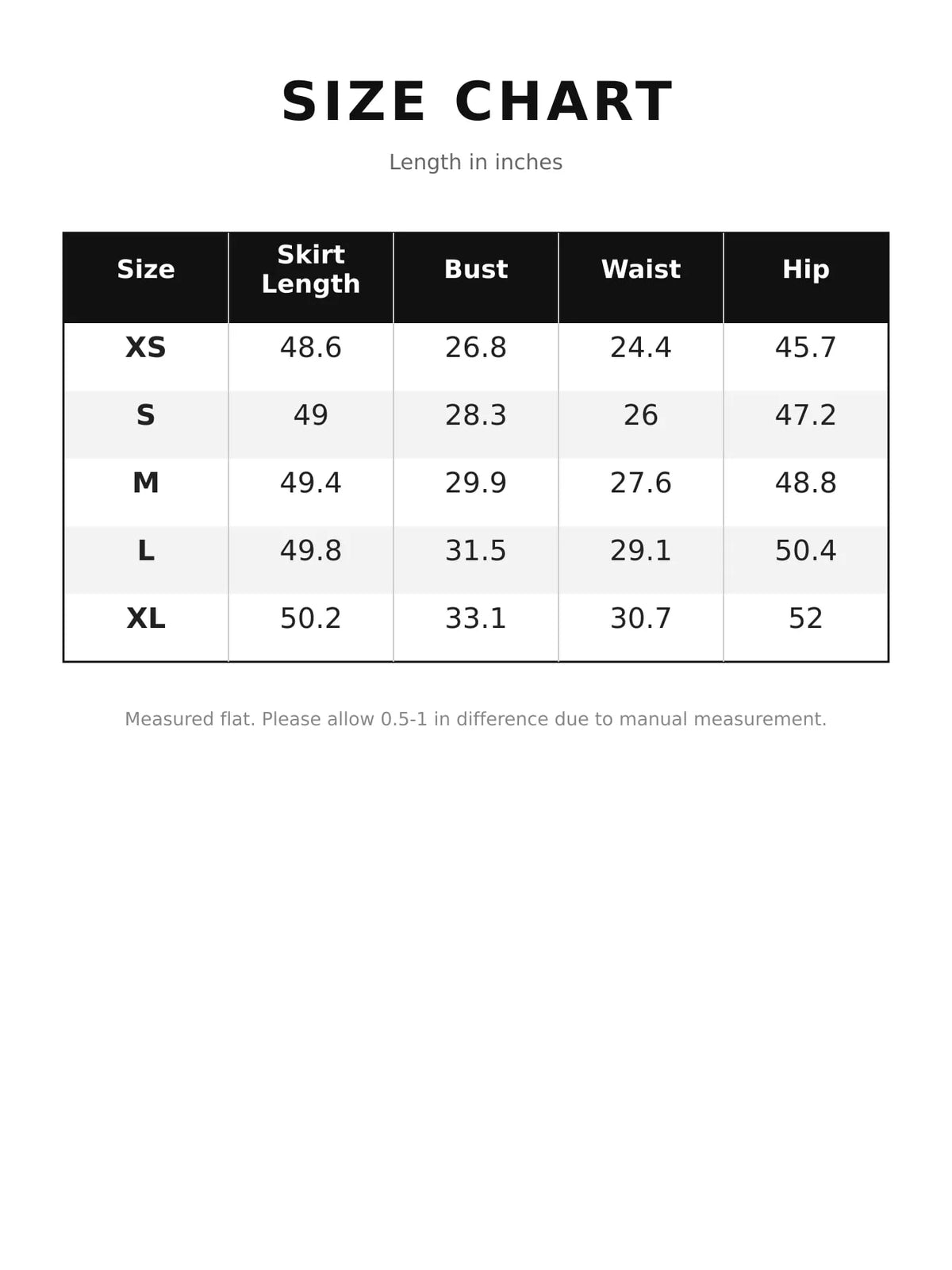 Size chart for off-shoulder ruched maxi dress