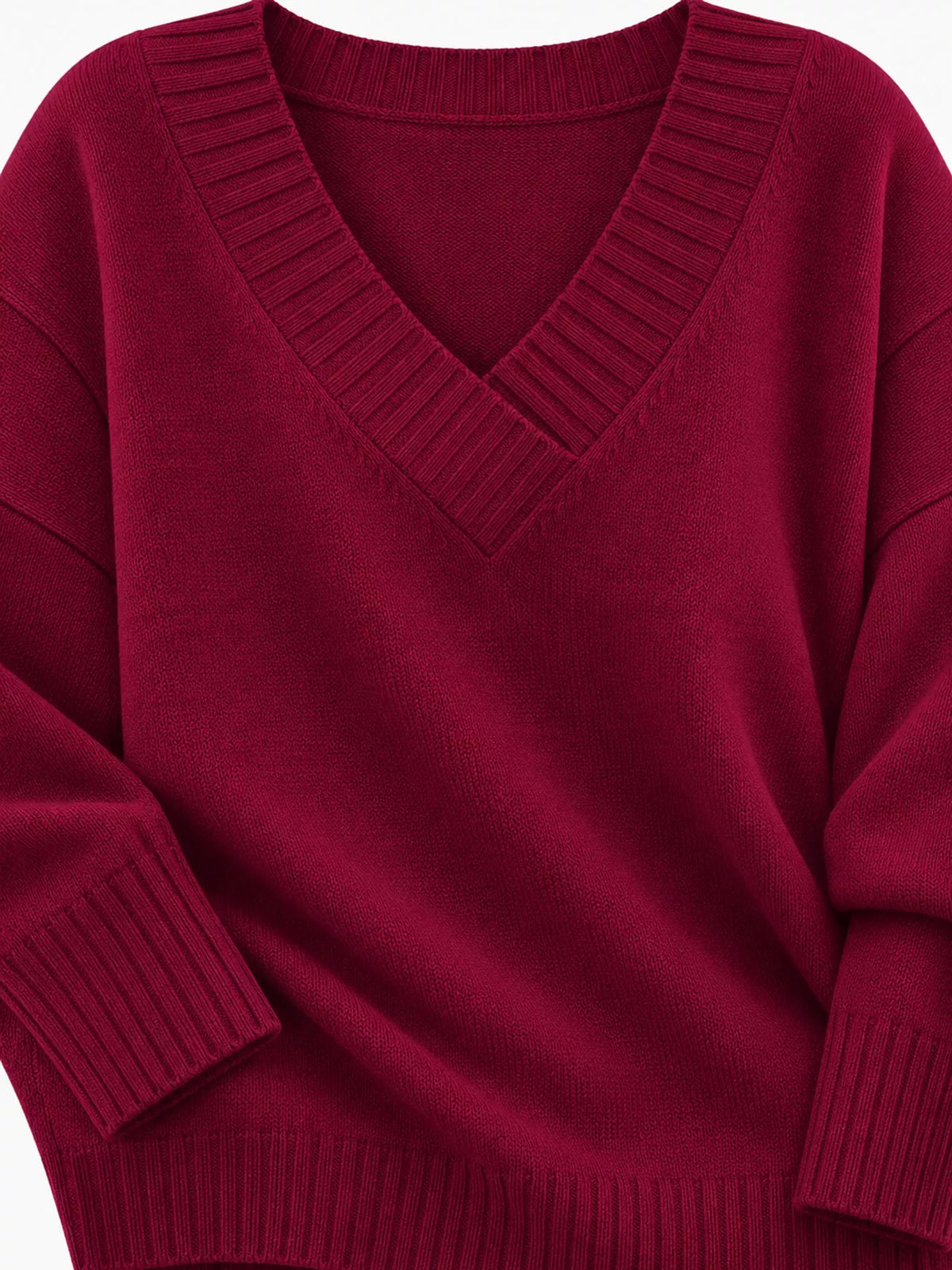 V-neck sweater, burgundy knit detail