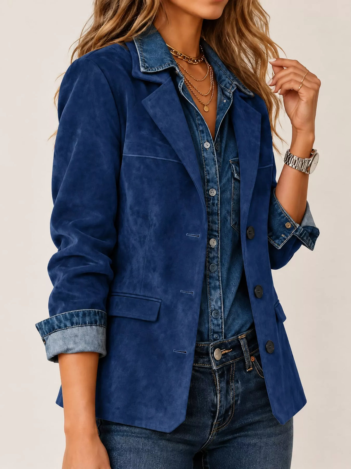 Blue lapel collar button-up blazer — front view