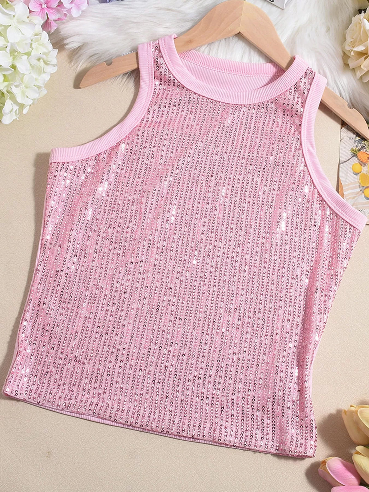 Pink sequin round neck tank