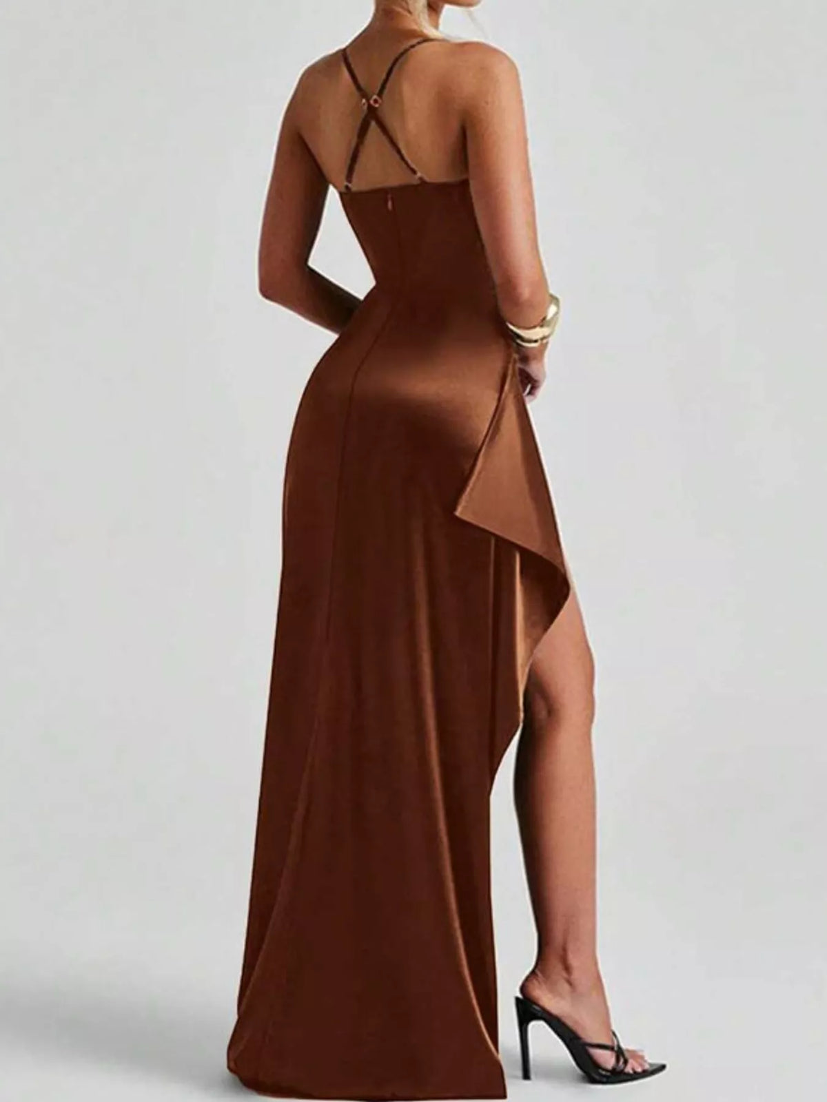 Brown satin ruched high slit maxi dress, back view