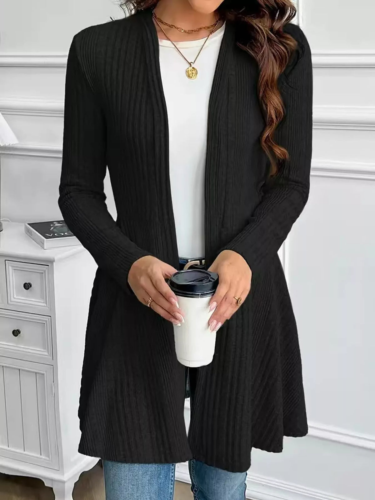 Black ribbed knit open front cardigan