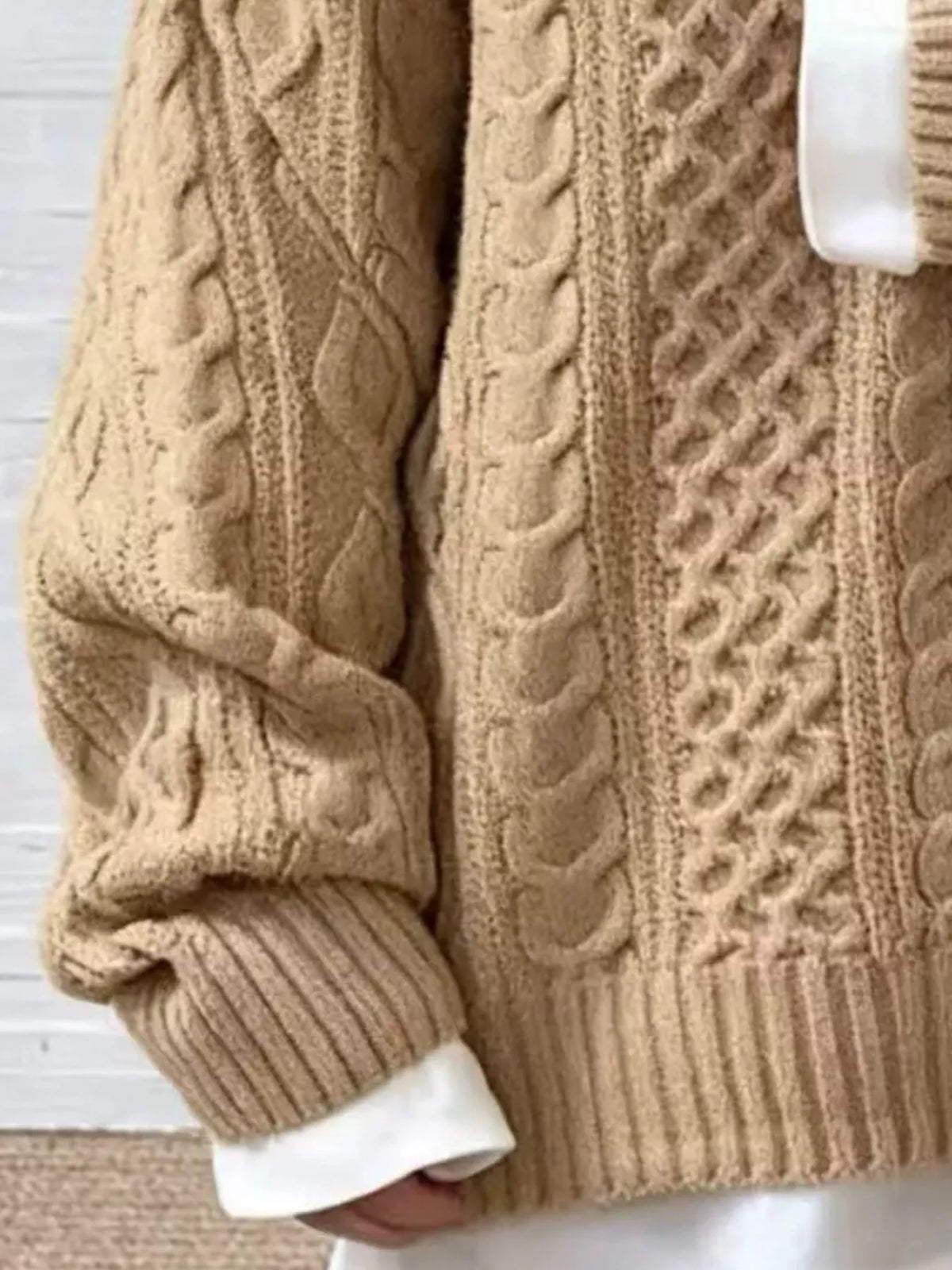 Khaki Color Cable Knit Dropped Shoulder Sweater alternate view