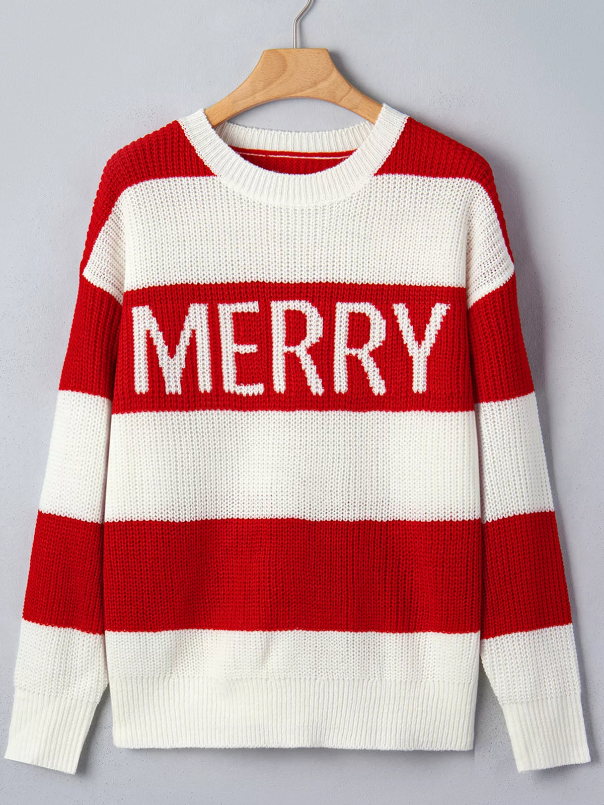 MERRY Striped Christmas Sweater in scarlet, front view