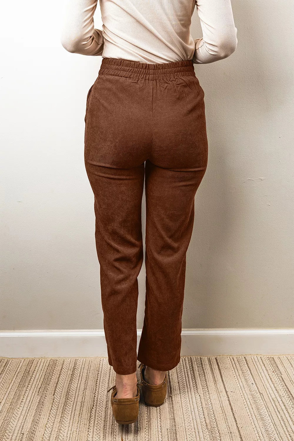 Women's elastic-waist straight-leg ankle-length corduroy pants