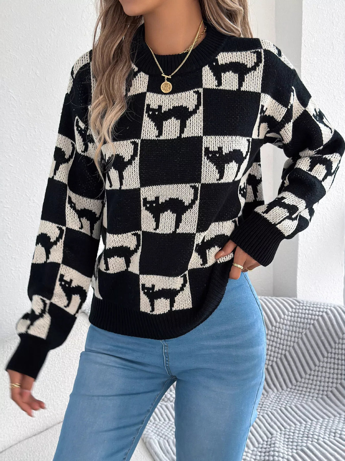 Checkerboard Halloween Graphic Sweater in black cat, front view