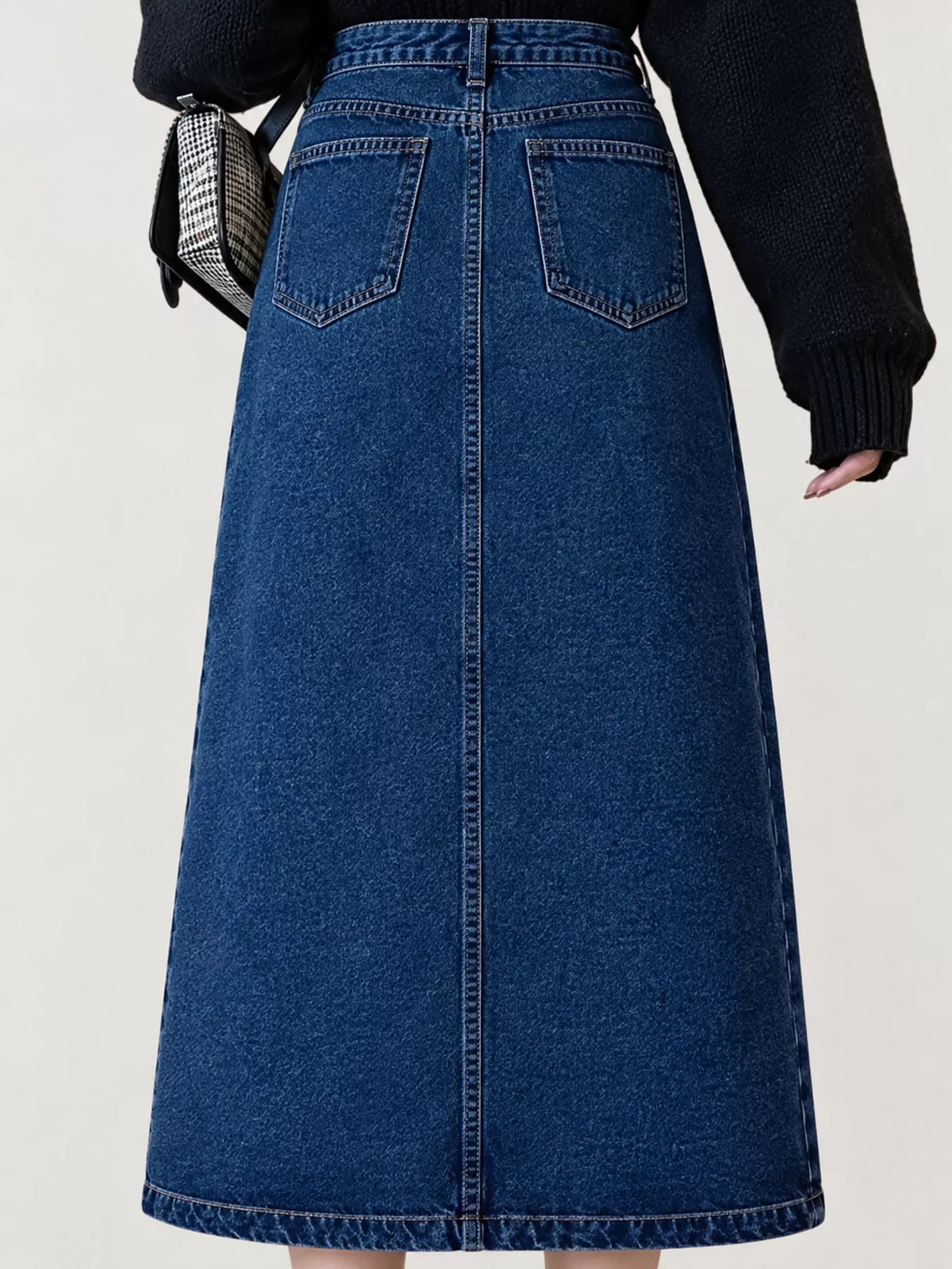 High-waisted denim midi skirt — blue back