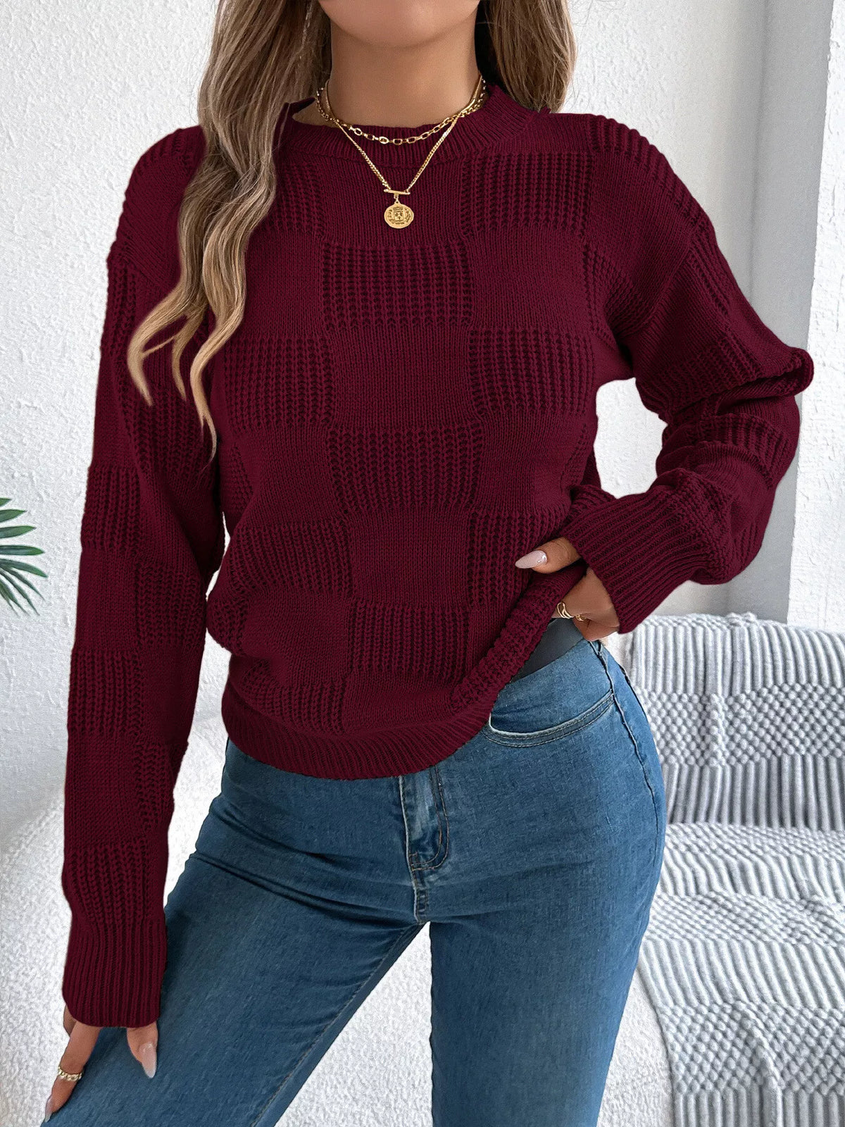 Wine Red checkerboard textured knit sweater