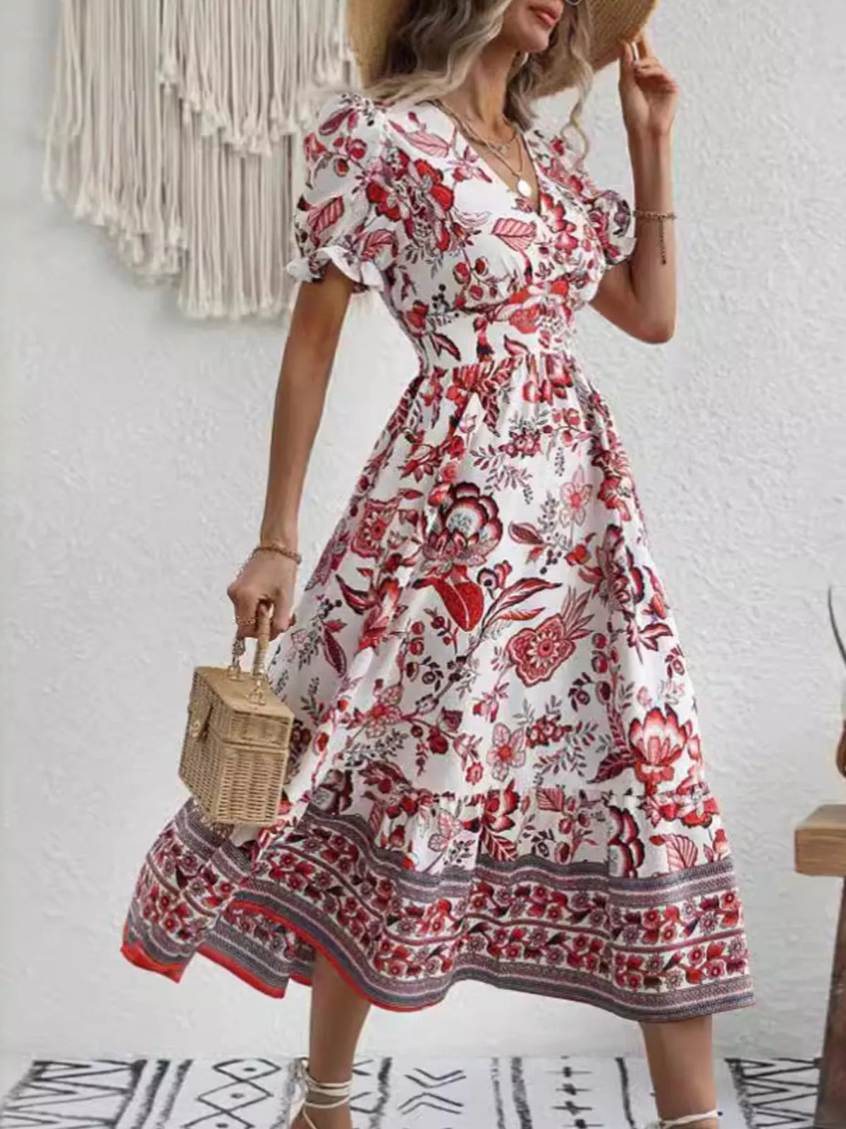 Trendsi Floral Print Puff Sleeve Wrap Midi Dress -