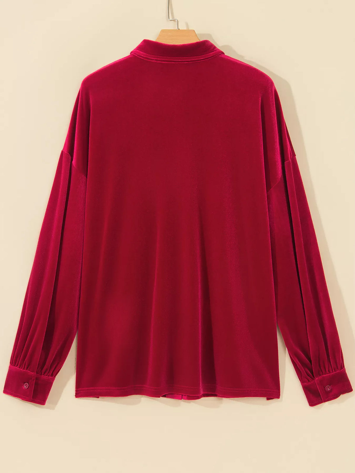 Red velvet button-down shirt with patch pockets — back view