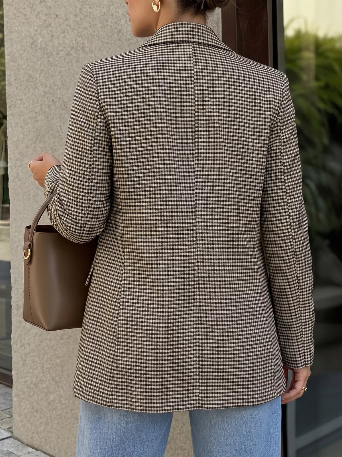 Brown plaid double-breasted blazer, back view