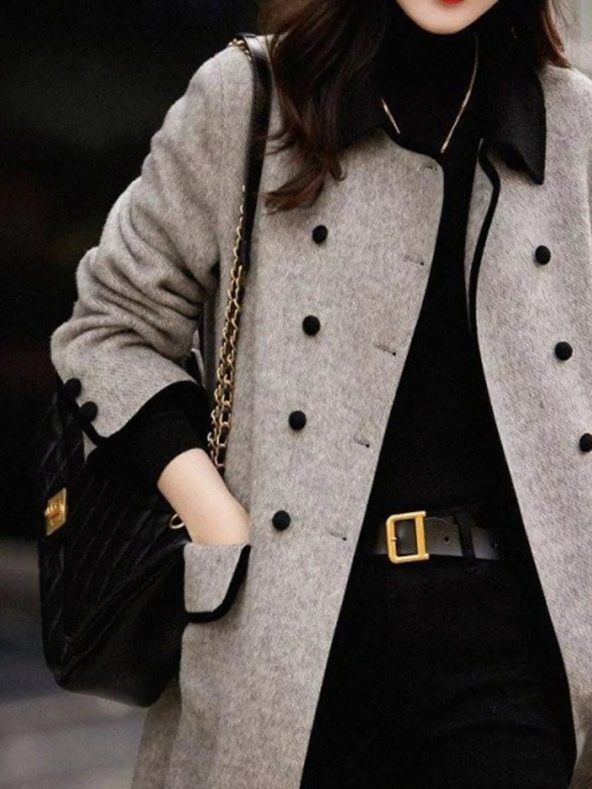 Gray double breasted coat with contrast trim, detail view