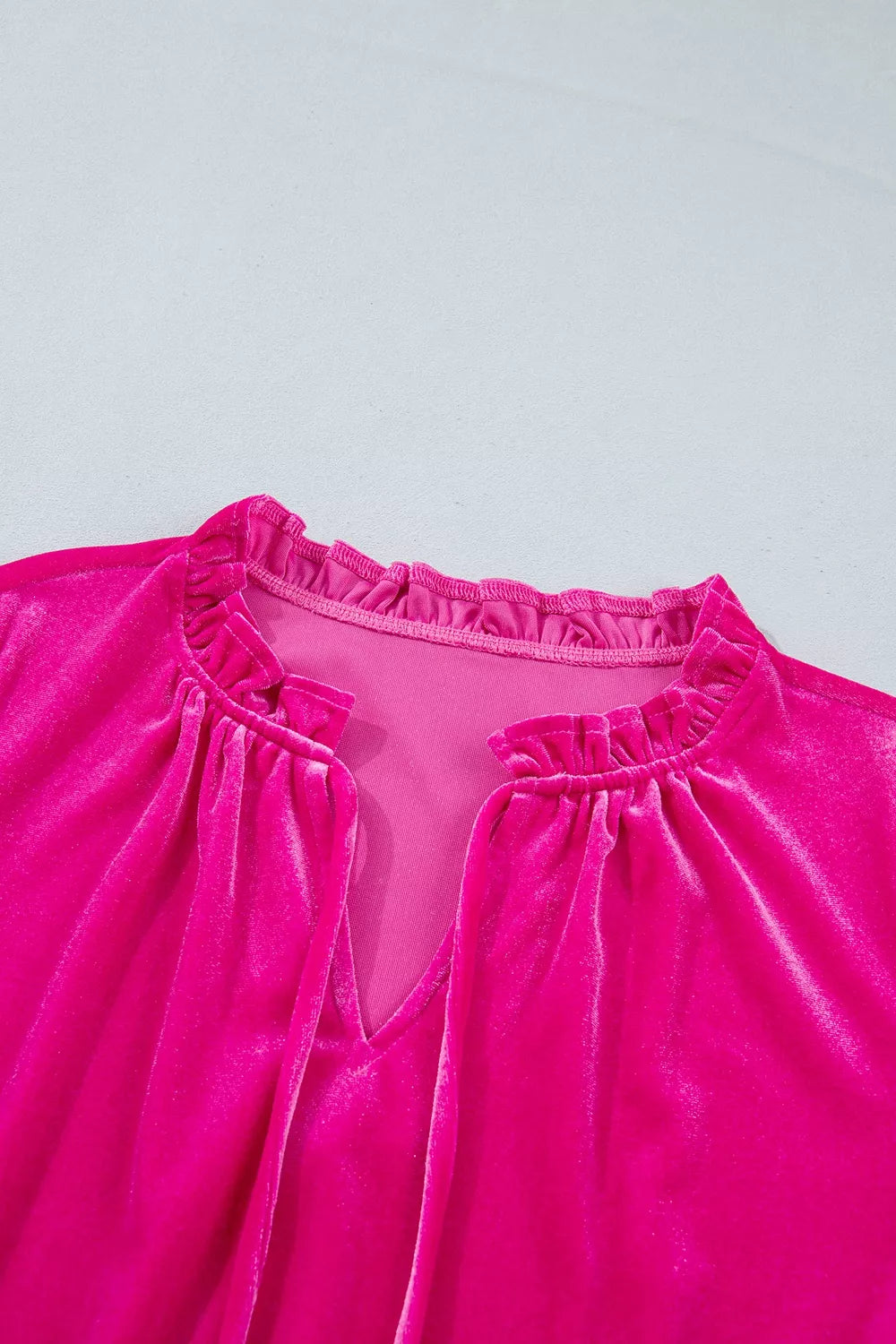 Trendsi V Neck Velvet Ruffled Cuffs Hem Long Sleeve Top -