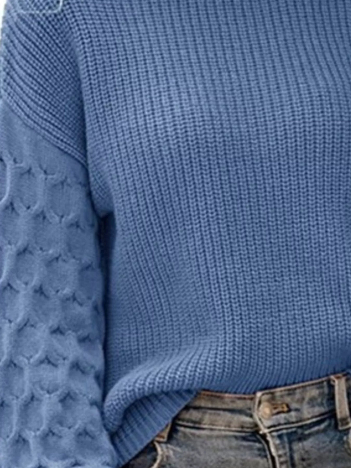 Textured Sleeve Round Neck Sweater in blue, texture detail