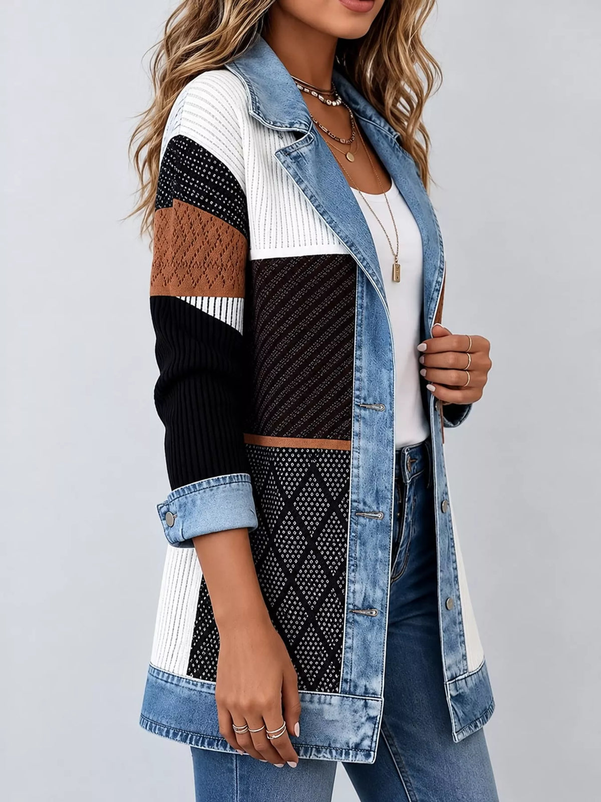 Multicolor denim trim ribbed knit cardigan, side view