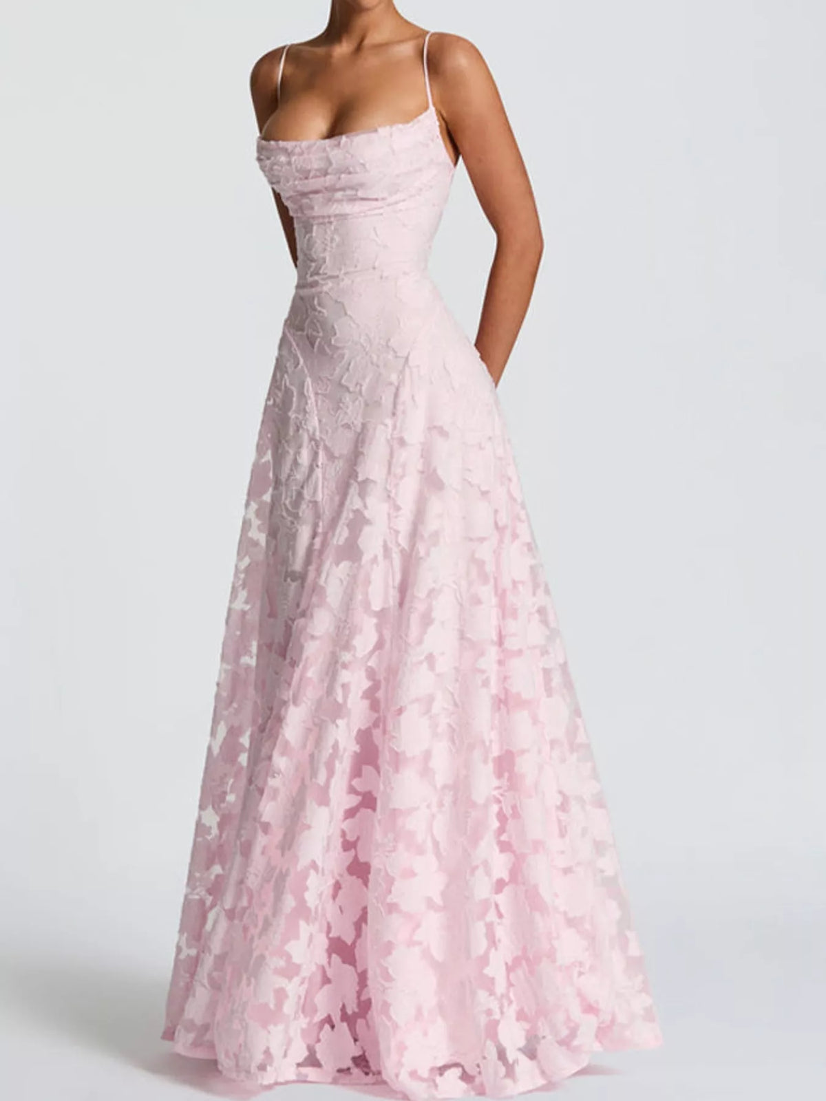 Pink backless lace maxi dress, side view