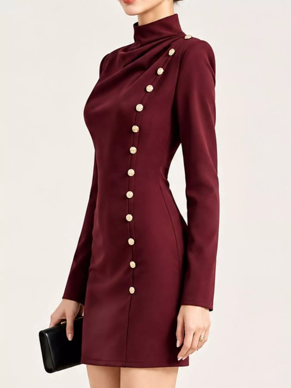 Burgundy decorative button mock neck mini dress, side view
