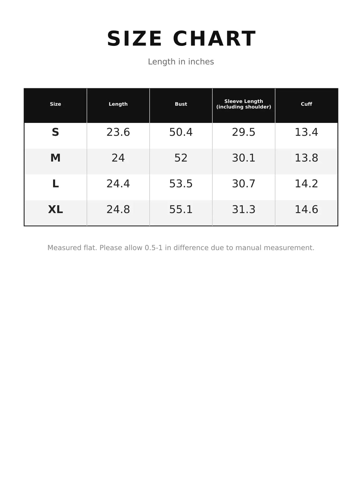 Size chart for the double-breasted cropped trench jacket