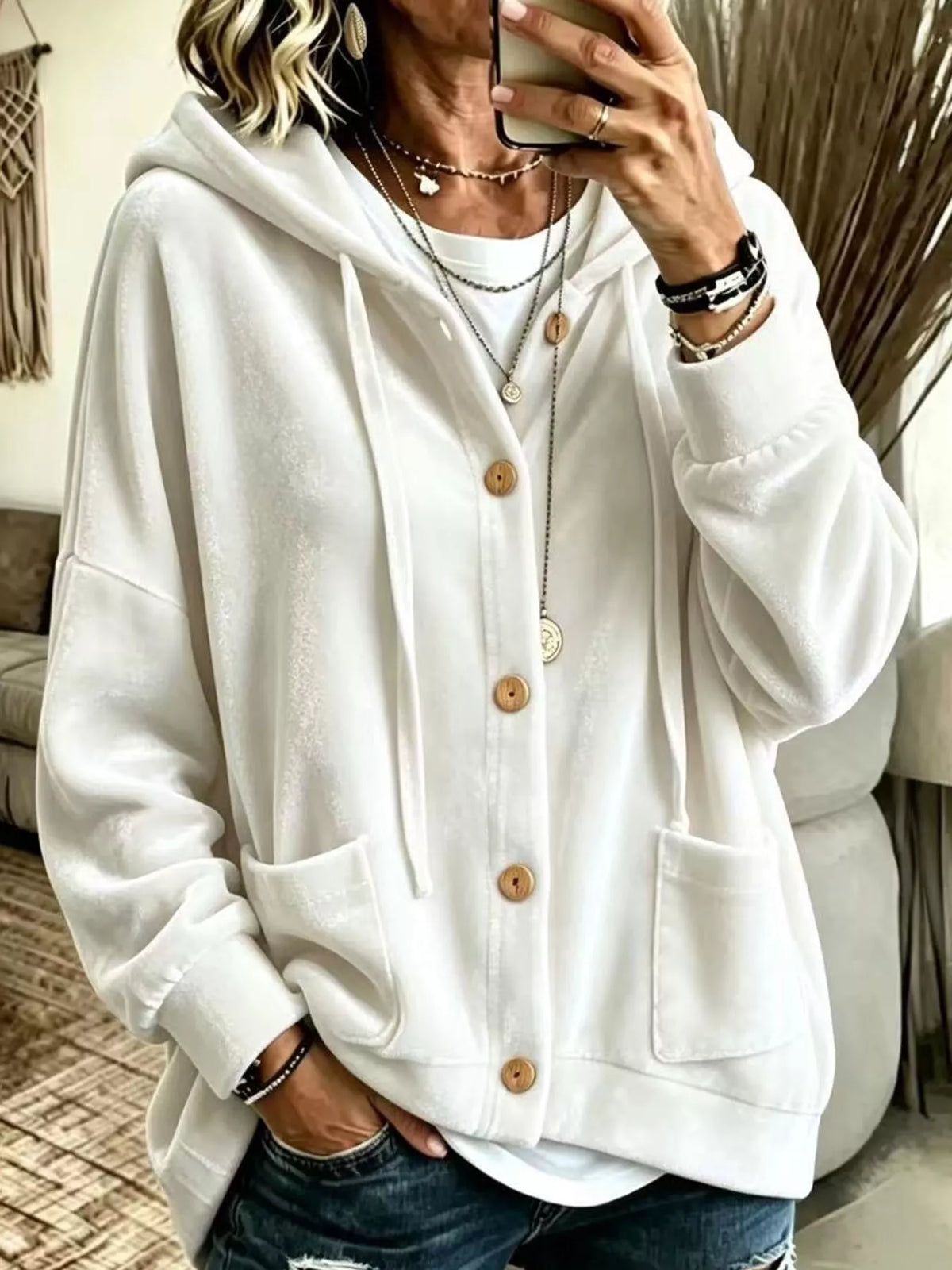 White velvet dropped shoulder hoodie, front view