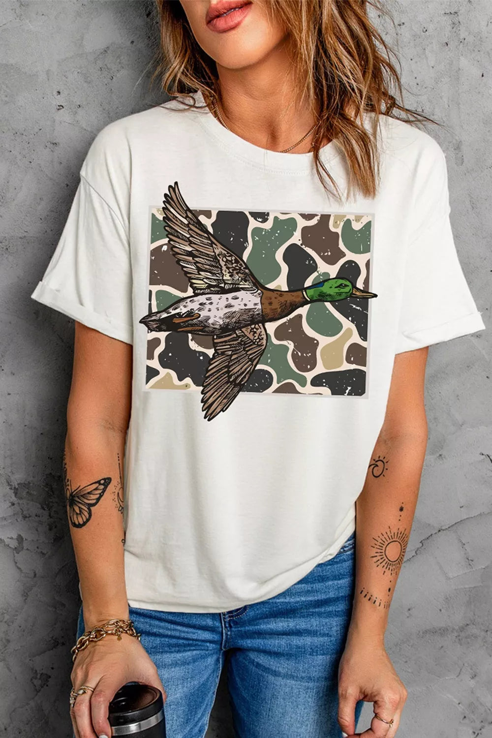 Women's white camo mallard duck graphic short sleeve T-shirt