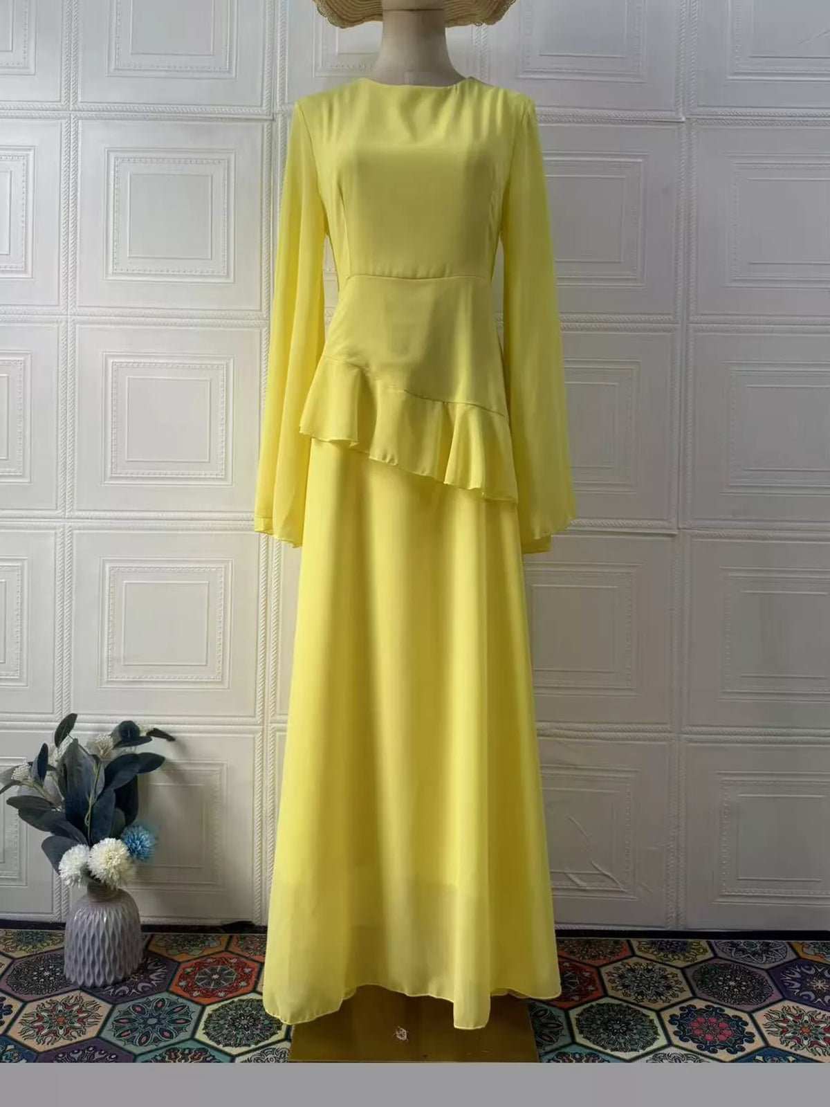 Yellow ruffled flare sleeve maxi dress, front view