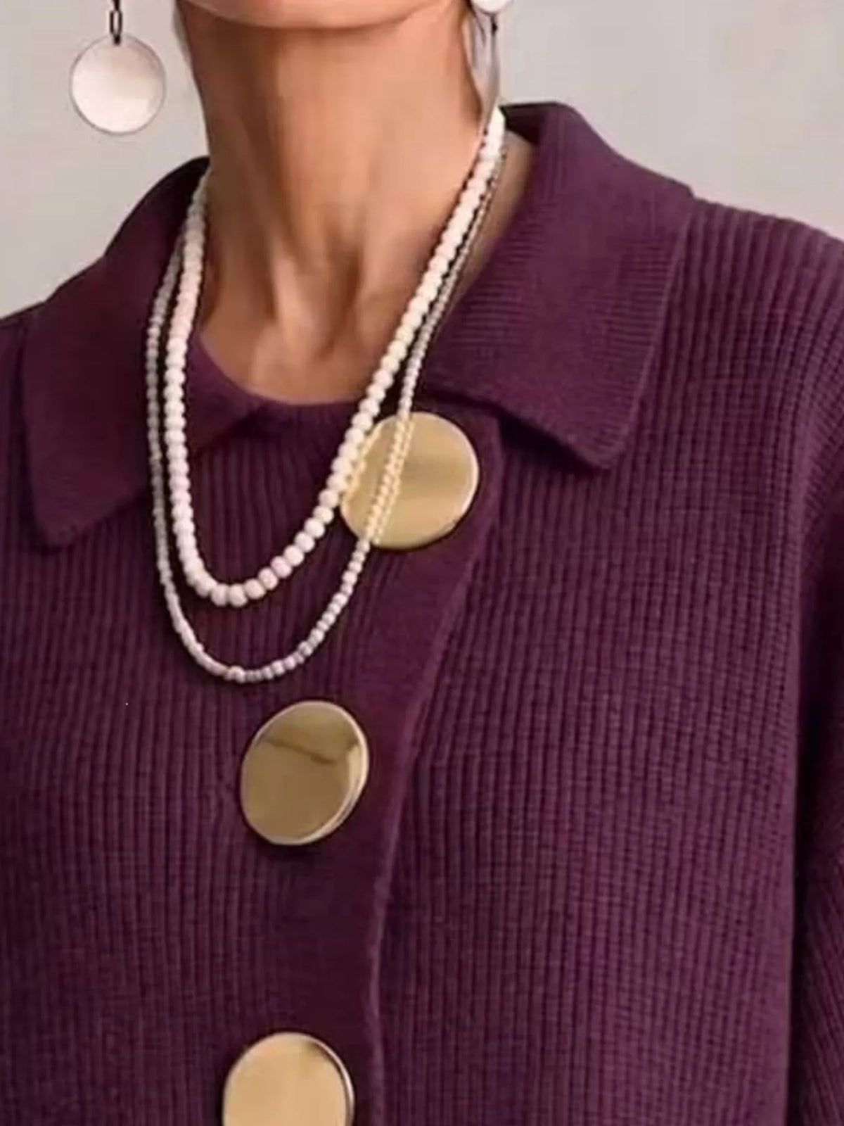 Women's Ribbed Knit Gold Buttons Cardigan in purple — collar detail view