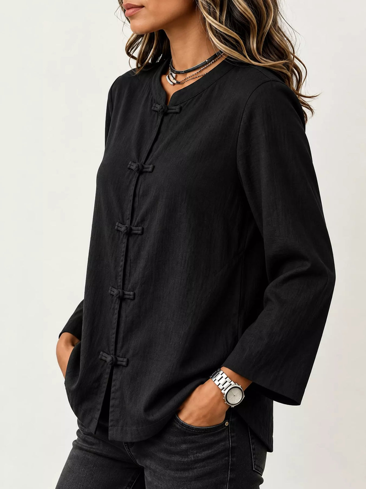 Chinese Style Mandarin Collar Blouse in black, side view