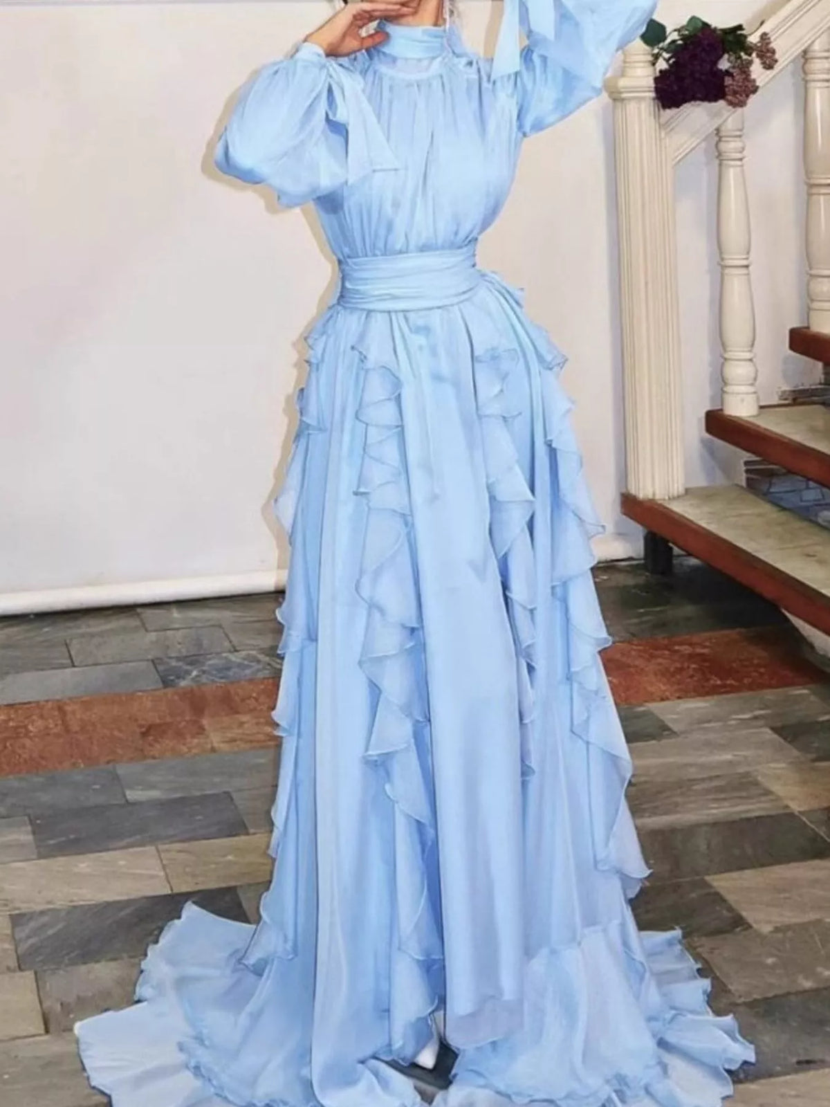 Ruffled maxi dress, blue ruffle dress full front