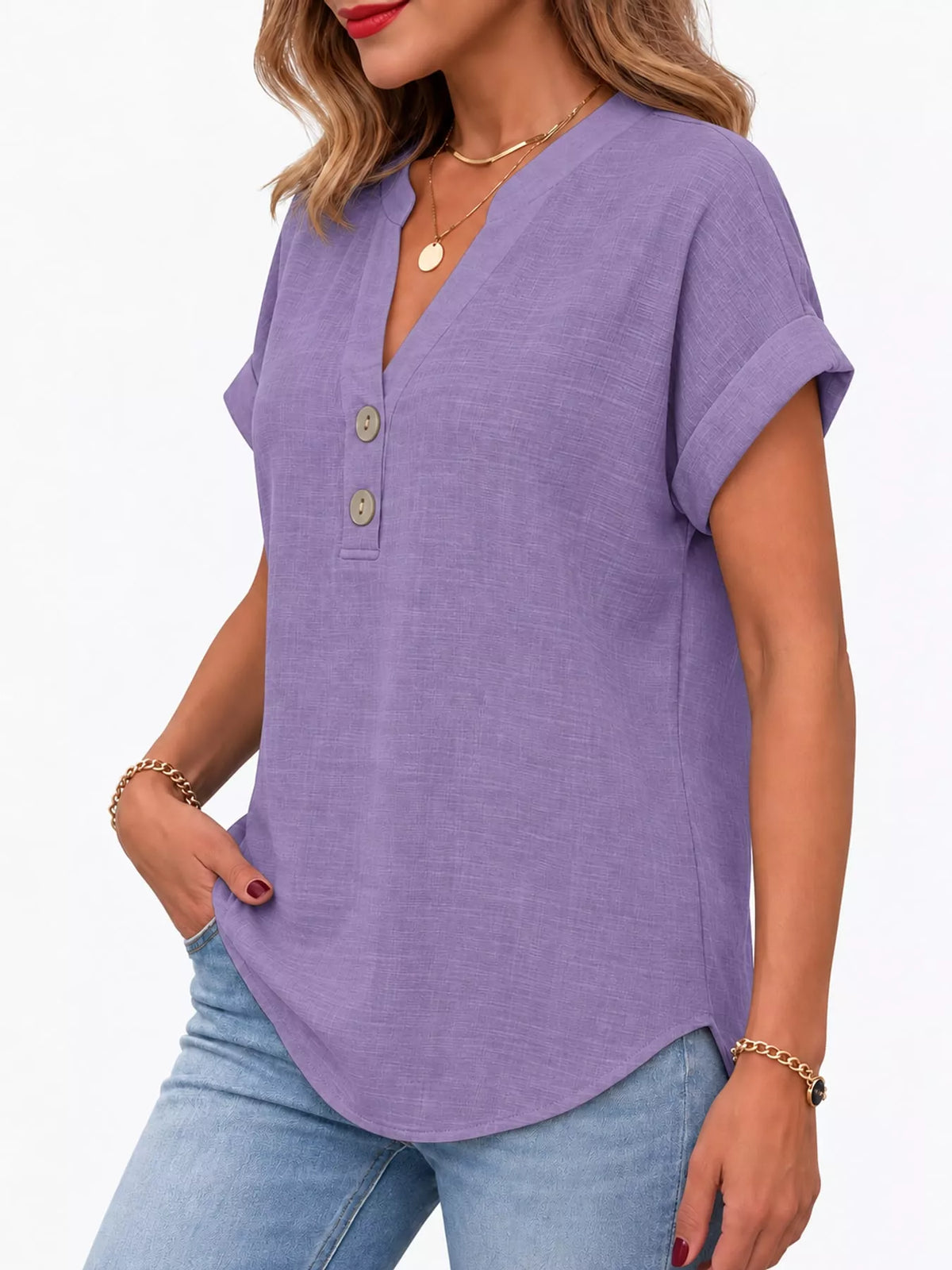 Purple button detail short sleeve blouse, side view