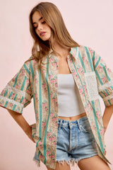 Trendsi BiBi Eyelet Lace And Floral Mix And Match Shirt Top - Shirts
