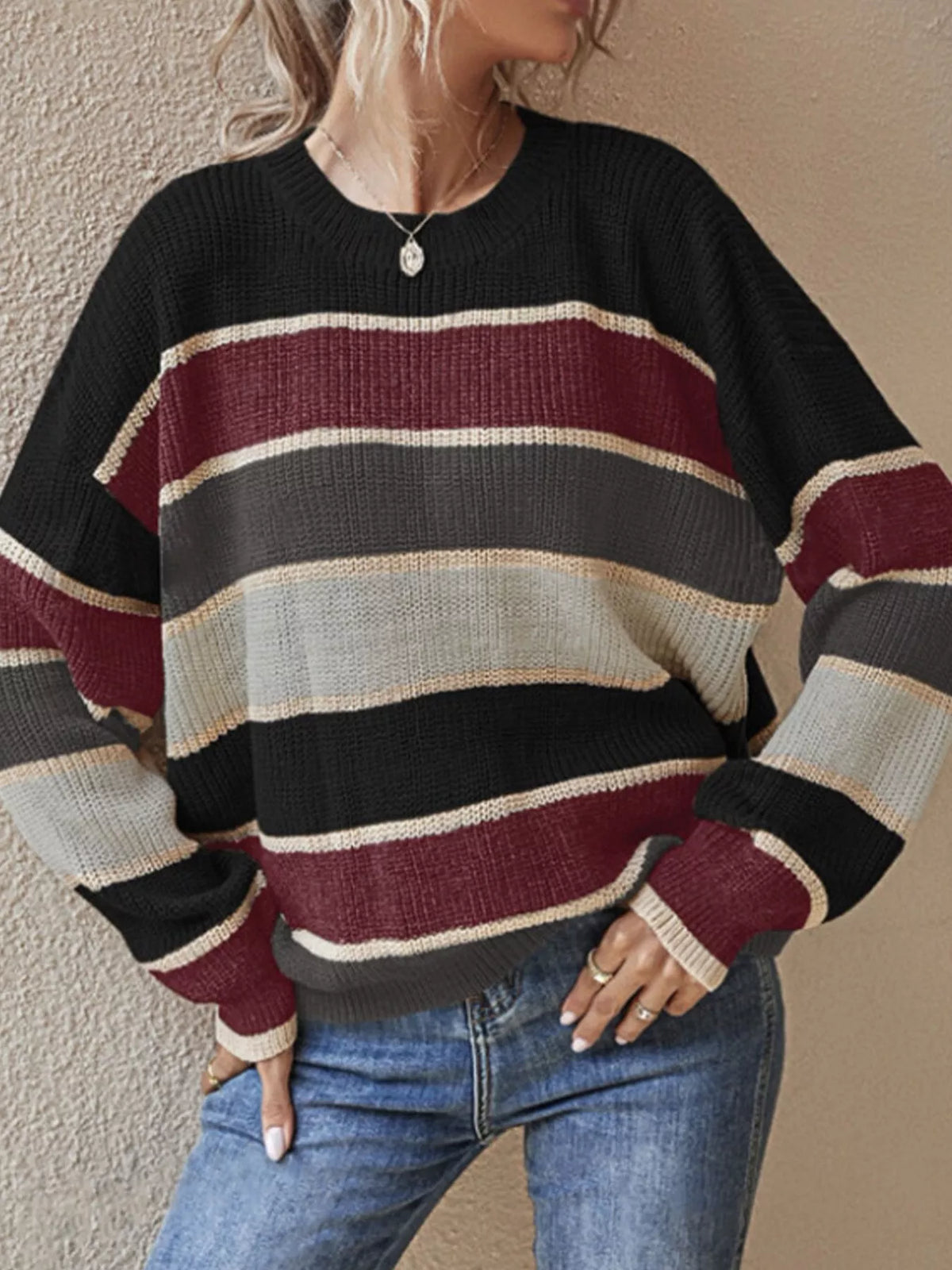 Color Block Striped Crew Neck Sweater in black with multicolor stripes, front view
