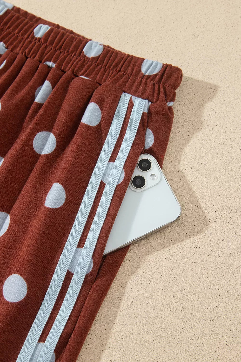 Brown polka dot side-stripe top and pants set