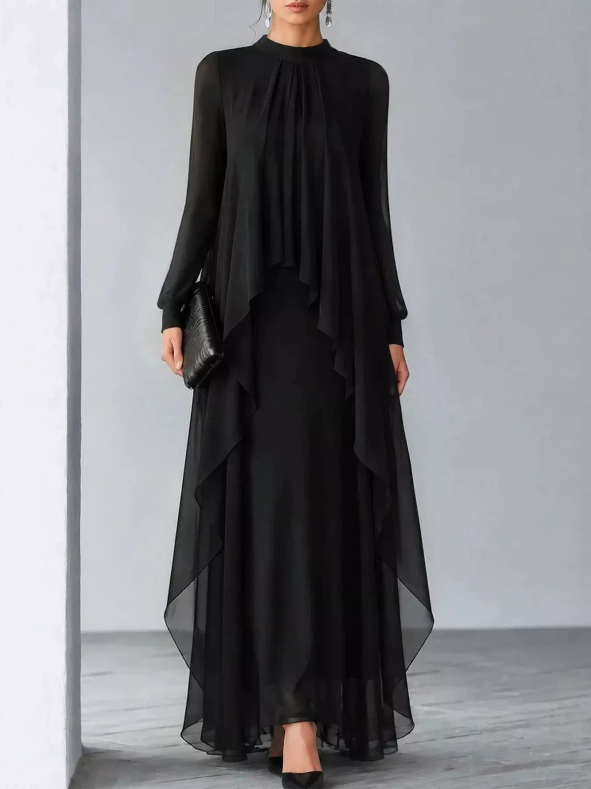 Sheer Sleeve Chiffon Layered Maxi Dress in black