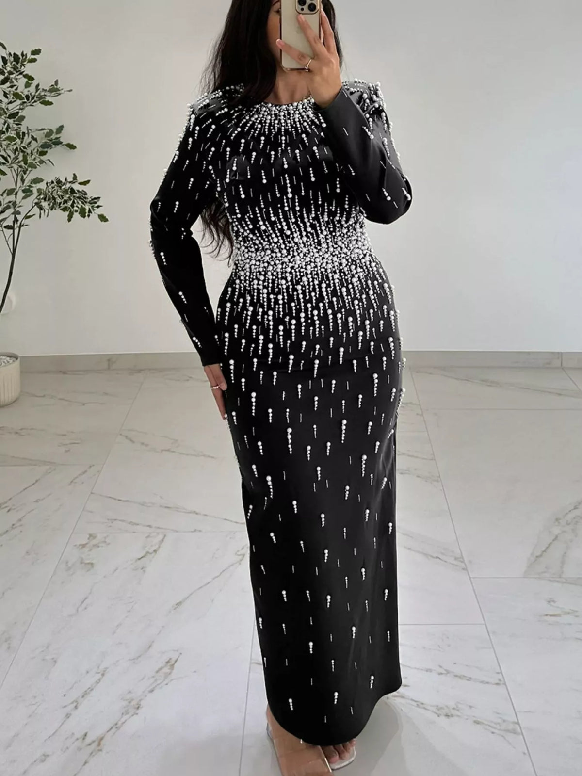 Trendsi Pearl Detail Long Sleeve Maxi Dress -