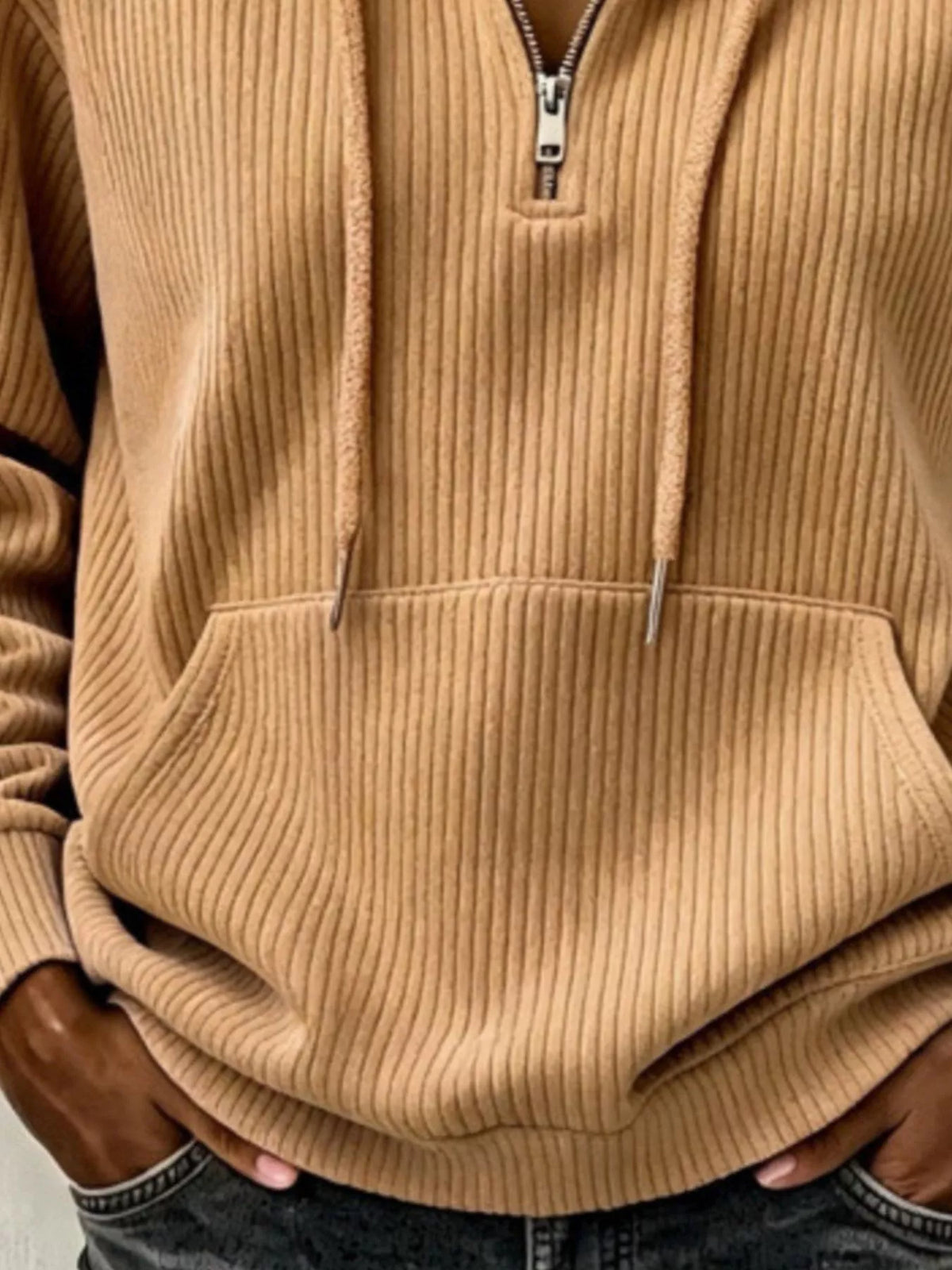 Ribbed Knit Quarter-Zip Hoodie, pocket detail