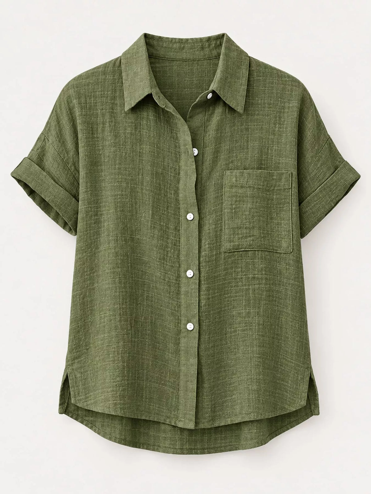 Women's Button Up Short Sleeve Shirt in olive — flat lay view