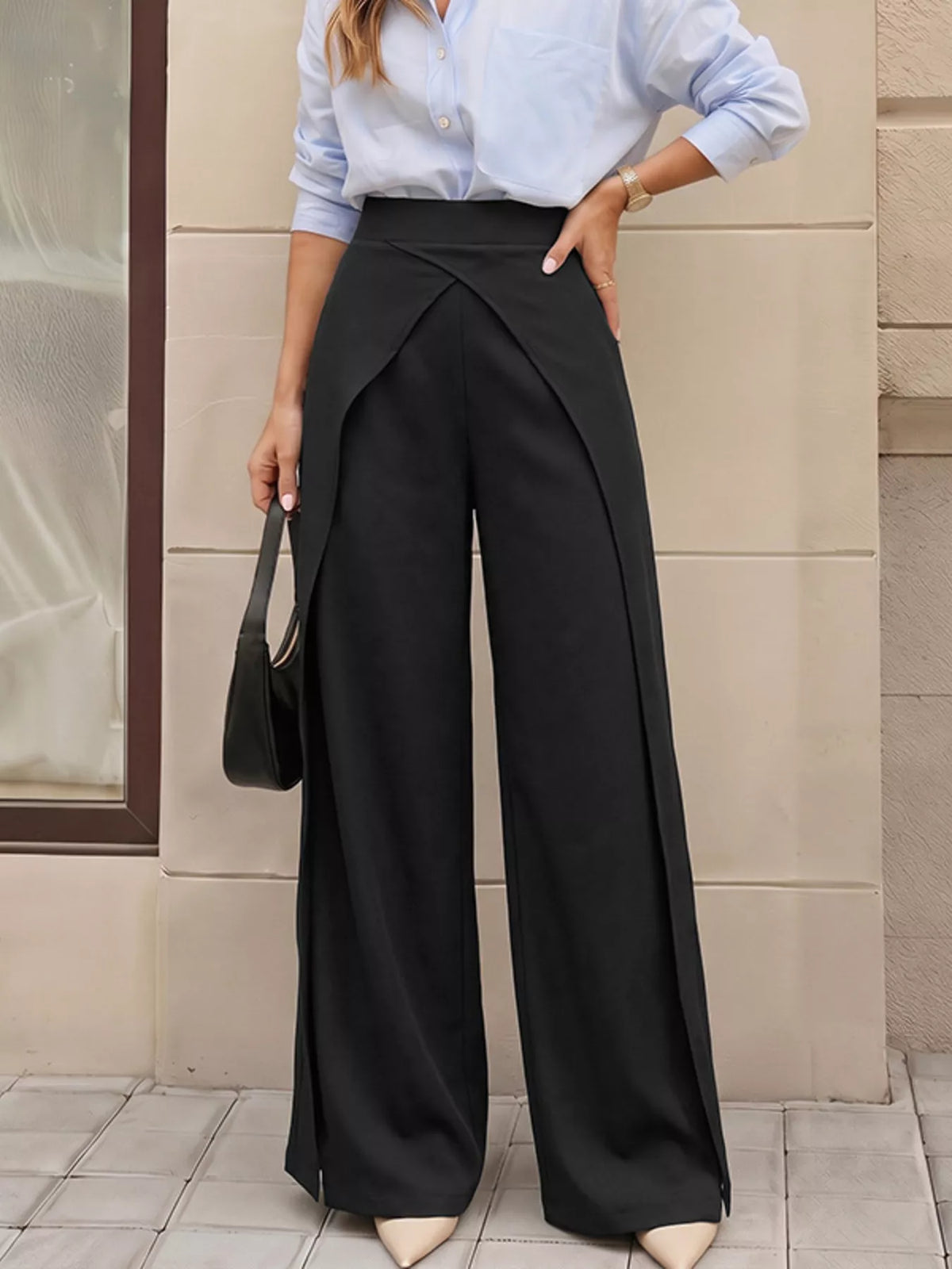 Black wide-leg pants with overlap front, front view
