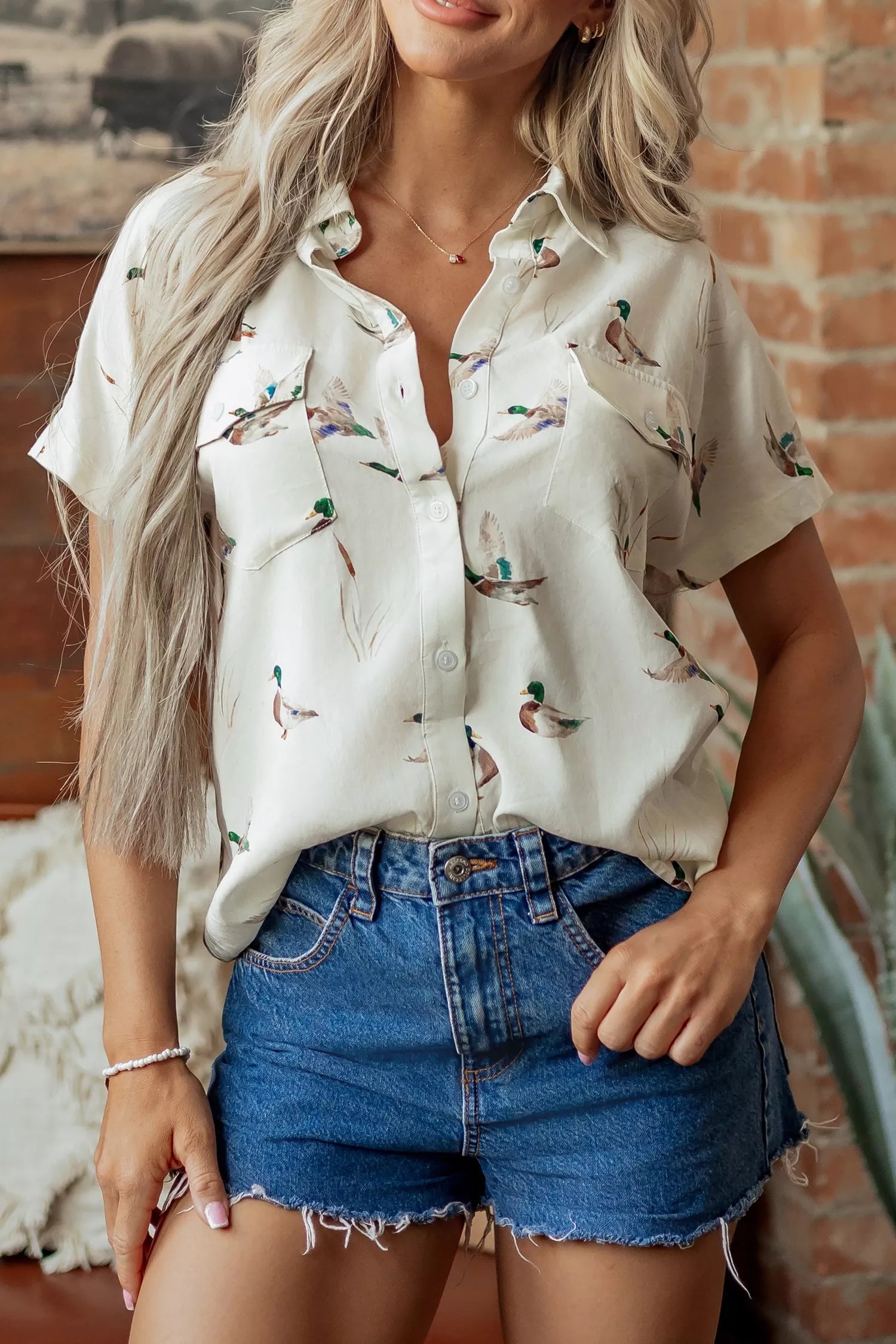Trendsi Mallard Printed Button Flap Pocket Short Sleeve Shirt -