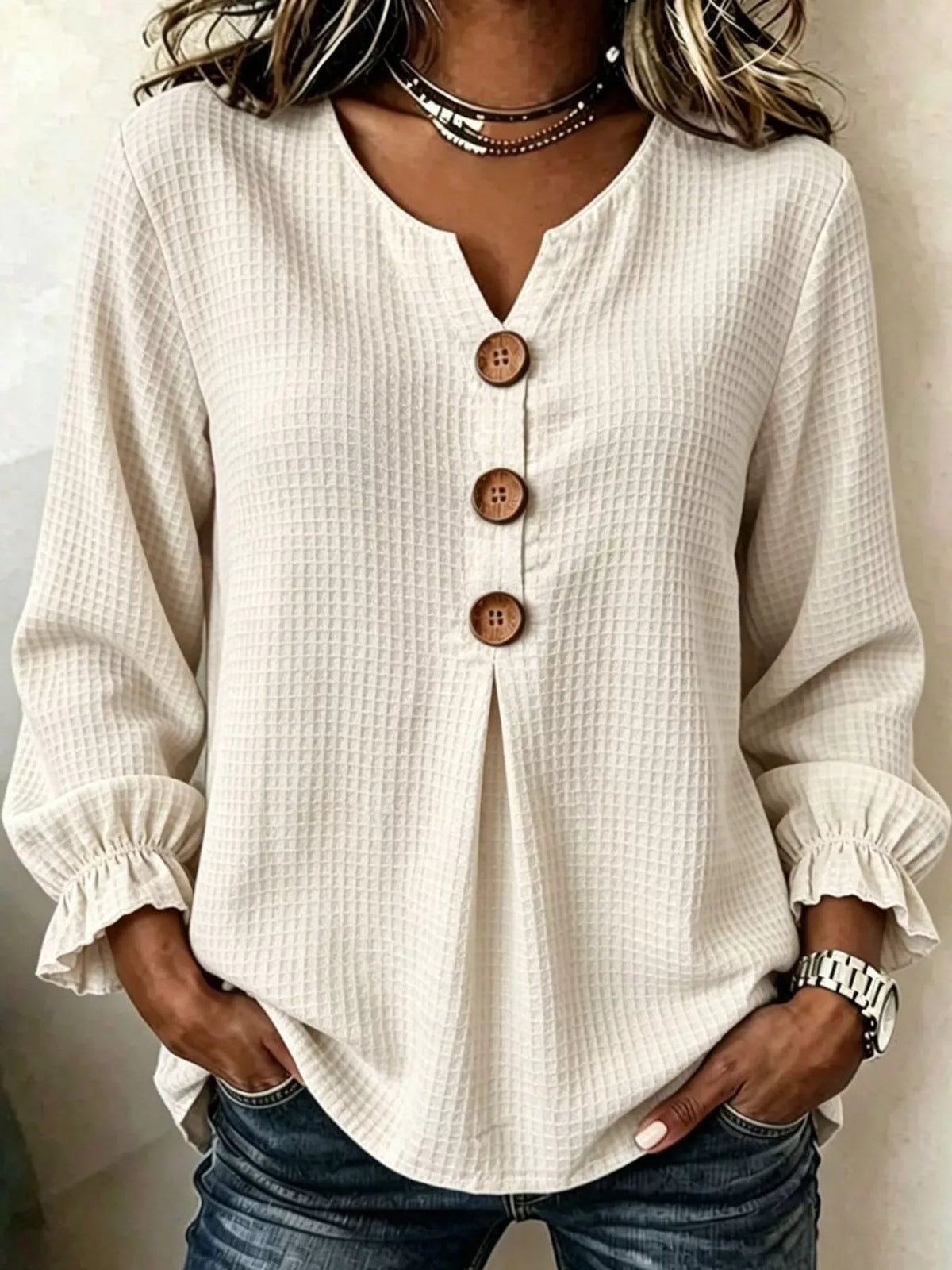 Women's Waffle Knit Flounce Sleeve Blouse in cream — front view