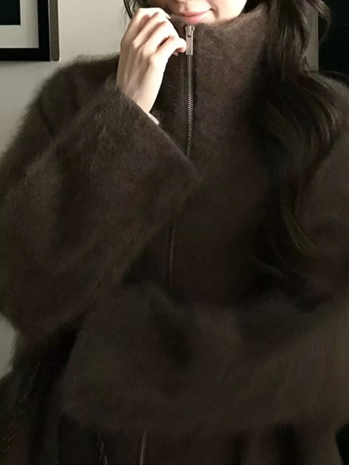Fuzzy Zip-Up Stand Collar Jacket, detail view in brown